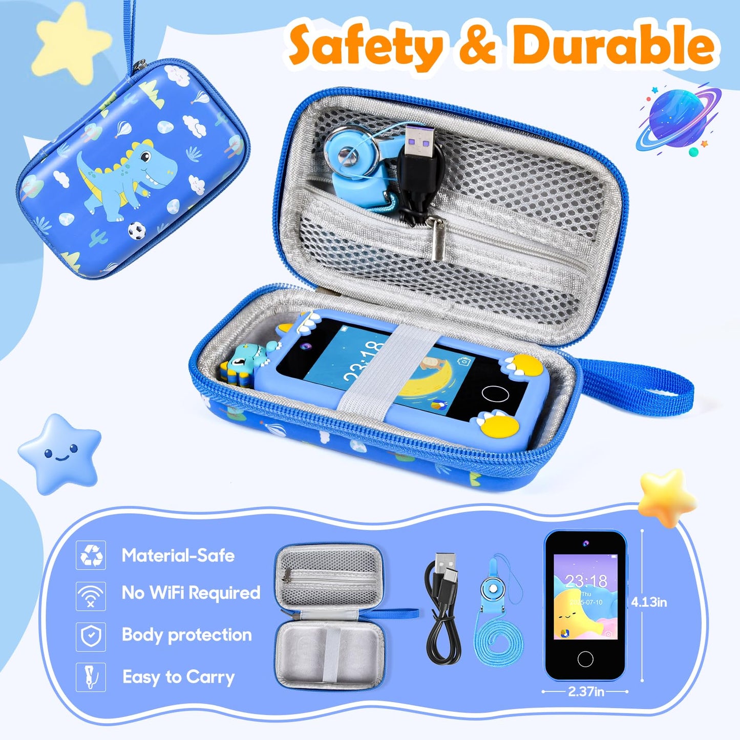 Jusvenmt Kids Dinosaur Phone: 44 Games, Dual Cameras, 32GB – Blue