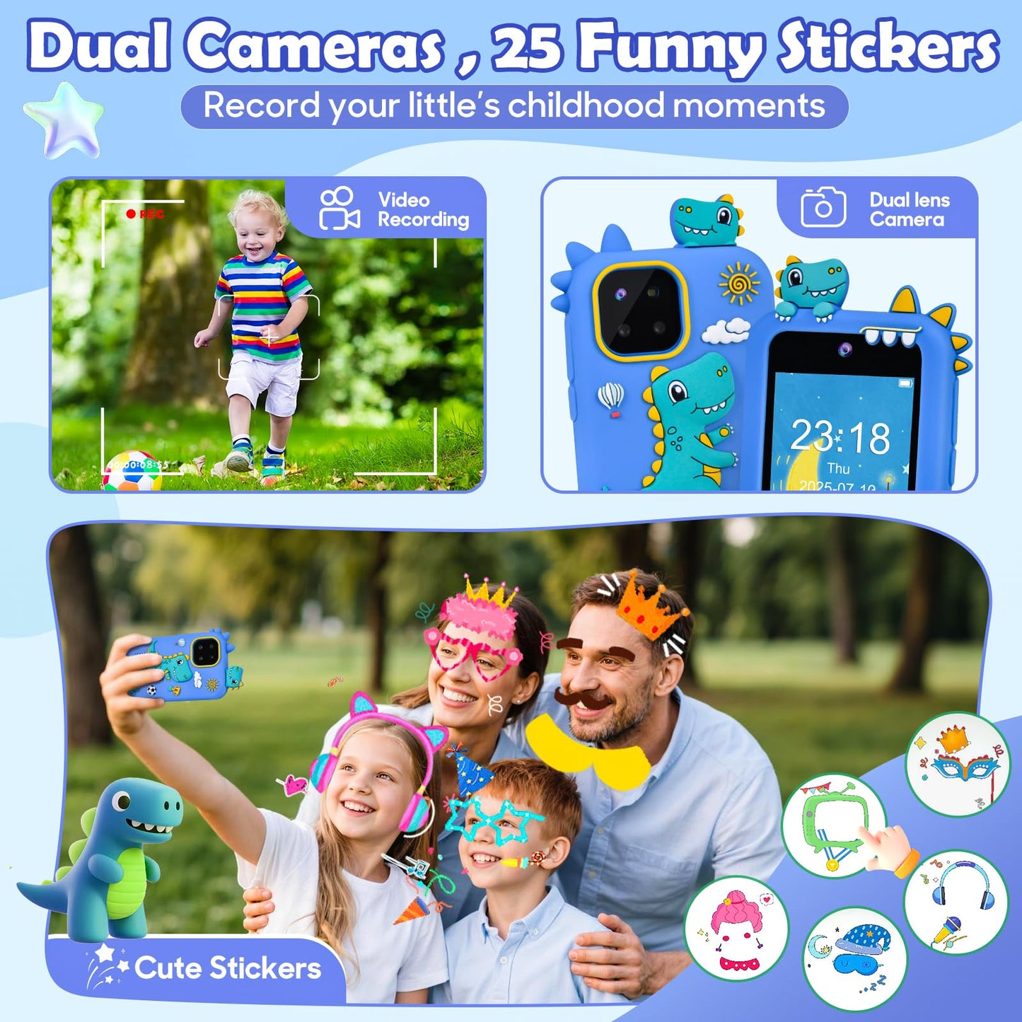 Jusvenmt Kids Dinosaur Phone: 44 Games, Dual Cameras, 32GB – Blue
