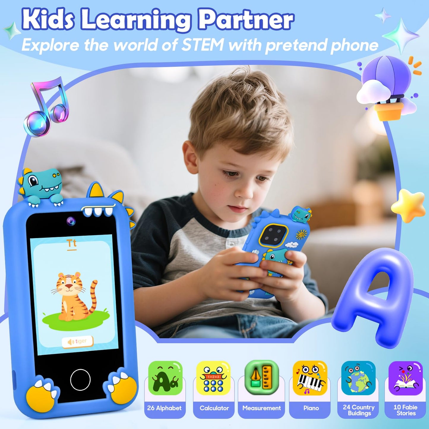 Jusvenmt Kids Dinosaur Phone: 44 Games, Dual Cameras, 32GB – Blue