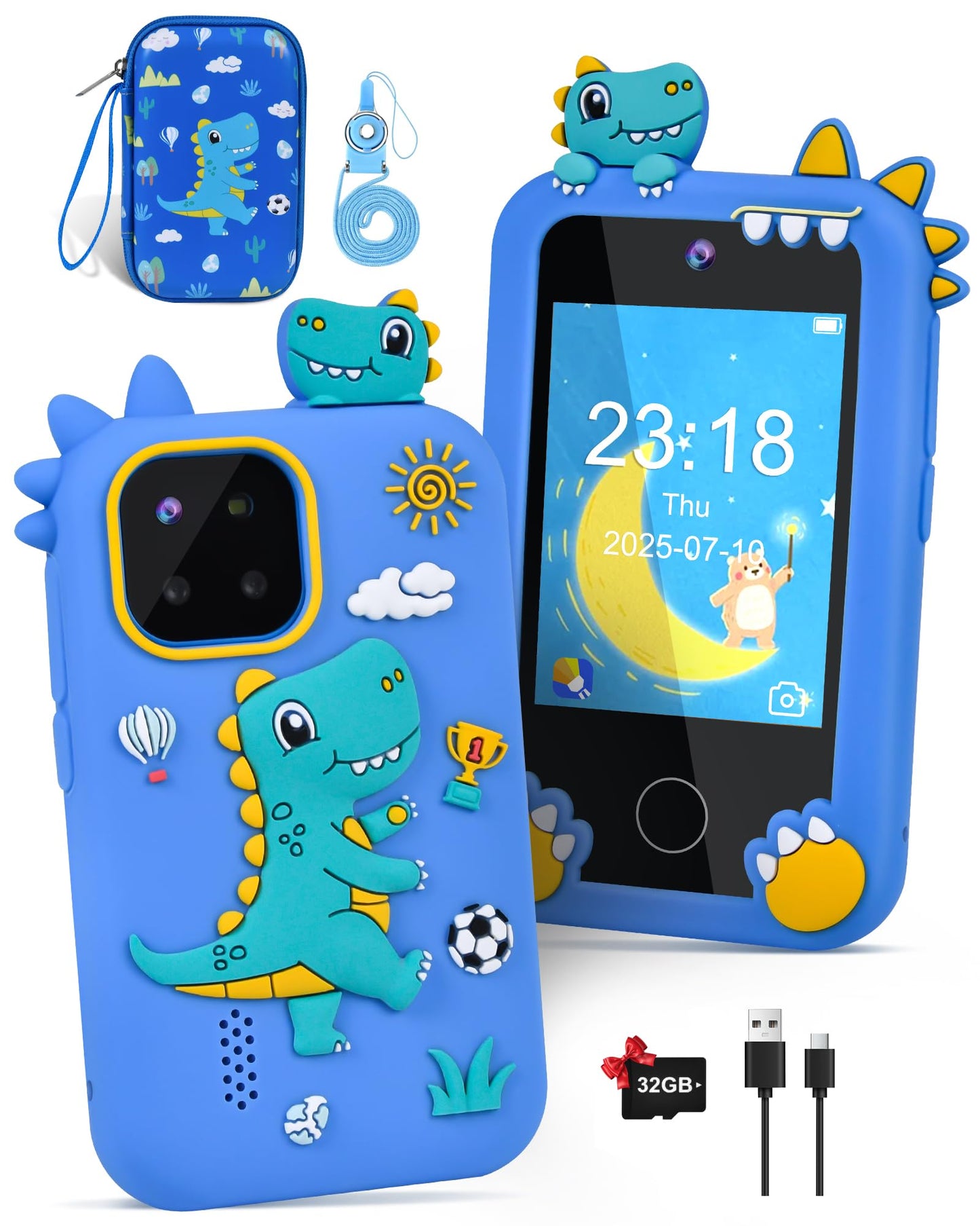 Jusvenmt Kids Dinosaur Phone: 44 Games, Dual Cameras, 32GB – Blue