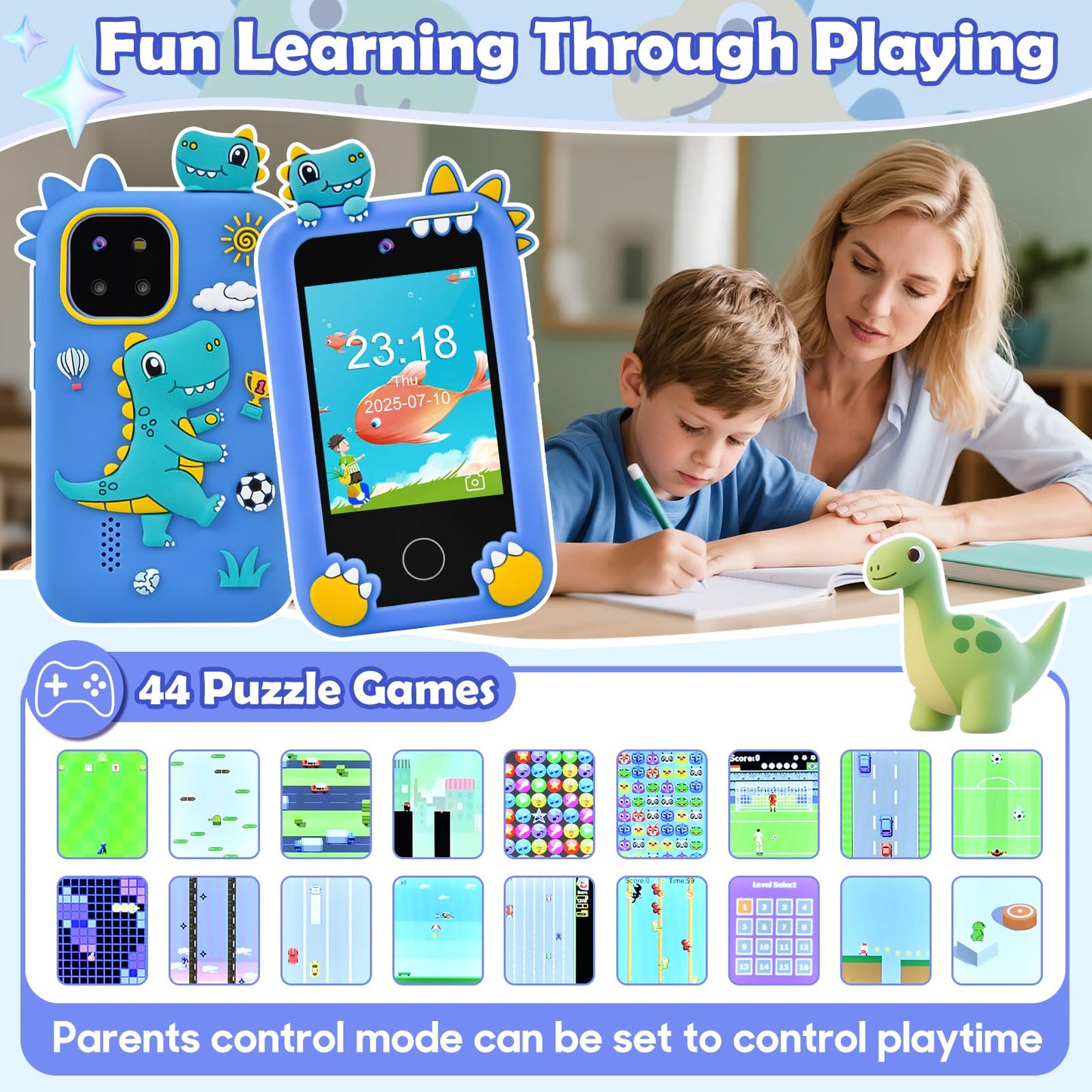 Jusvenmt Kids Dinosaur Phone: 44 Games, Dual Cameras, 32GB – Blue