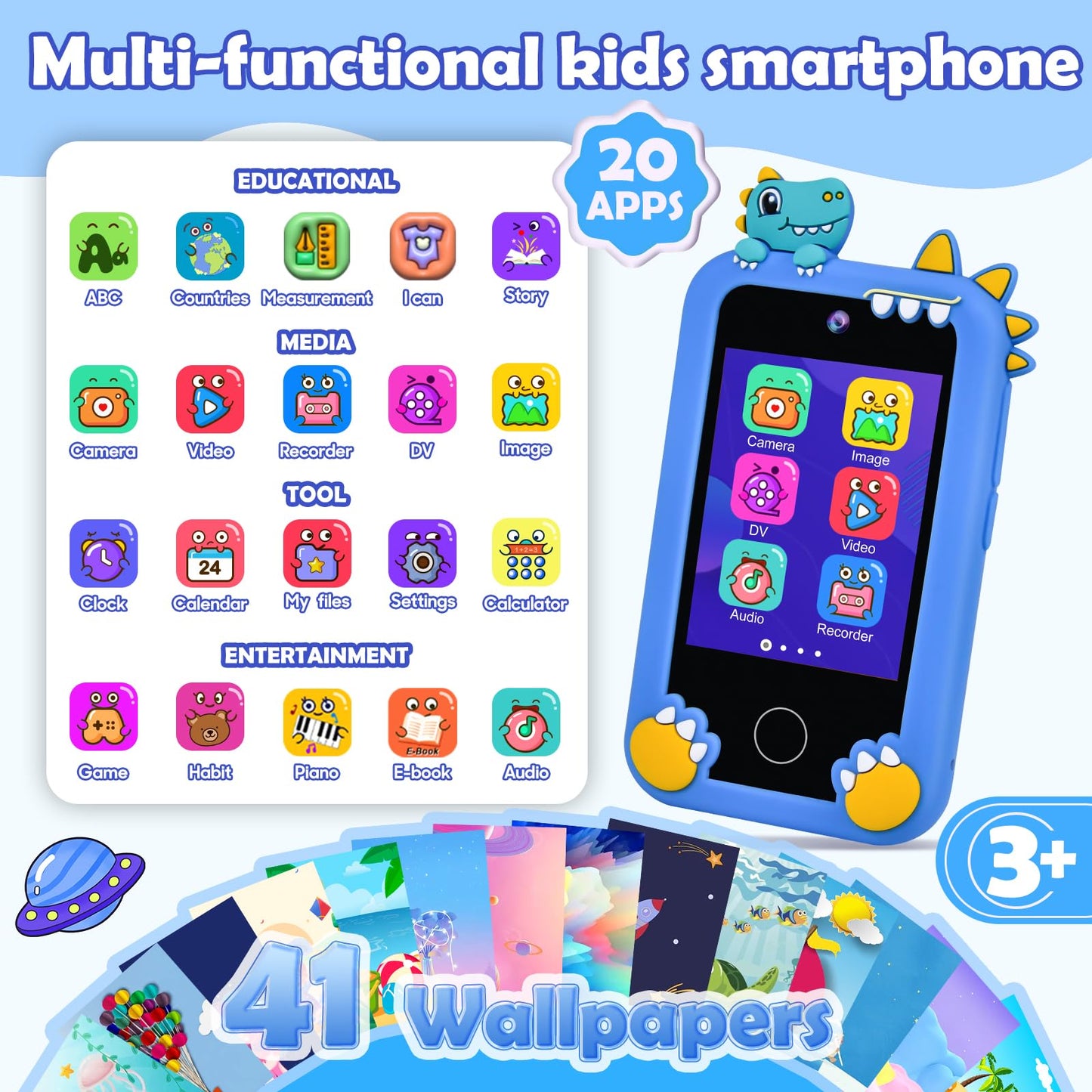 Jusvenmt Kids Dinosaur Phone: 44 Games, Dual Cameras, 32GB – Blue