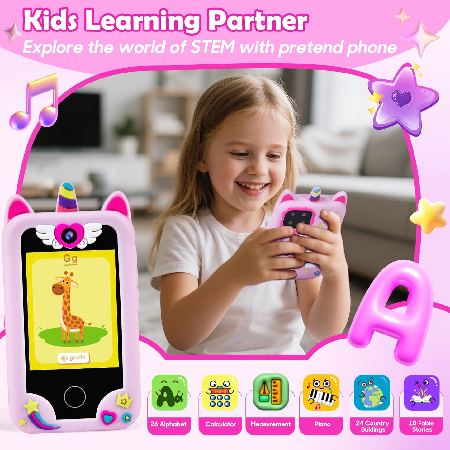 Jusvenmt Kids Phone for Girls | 2.8\" Touchscreen Toy Smartphone, 32GB, Dual Cameras, 44 Games, Unicorn Case