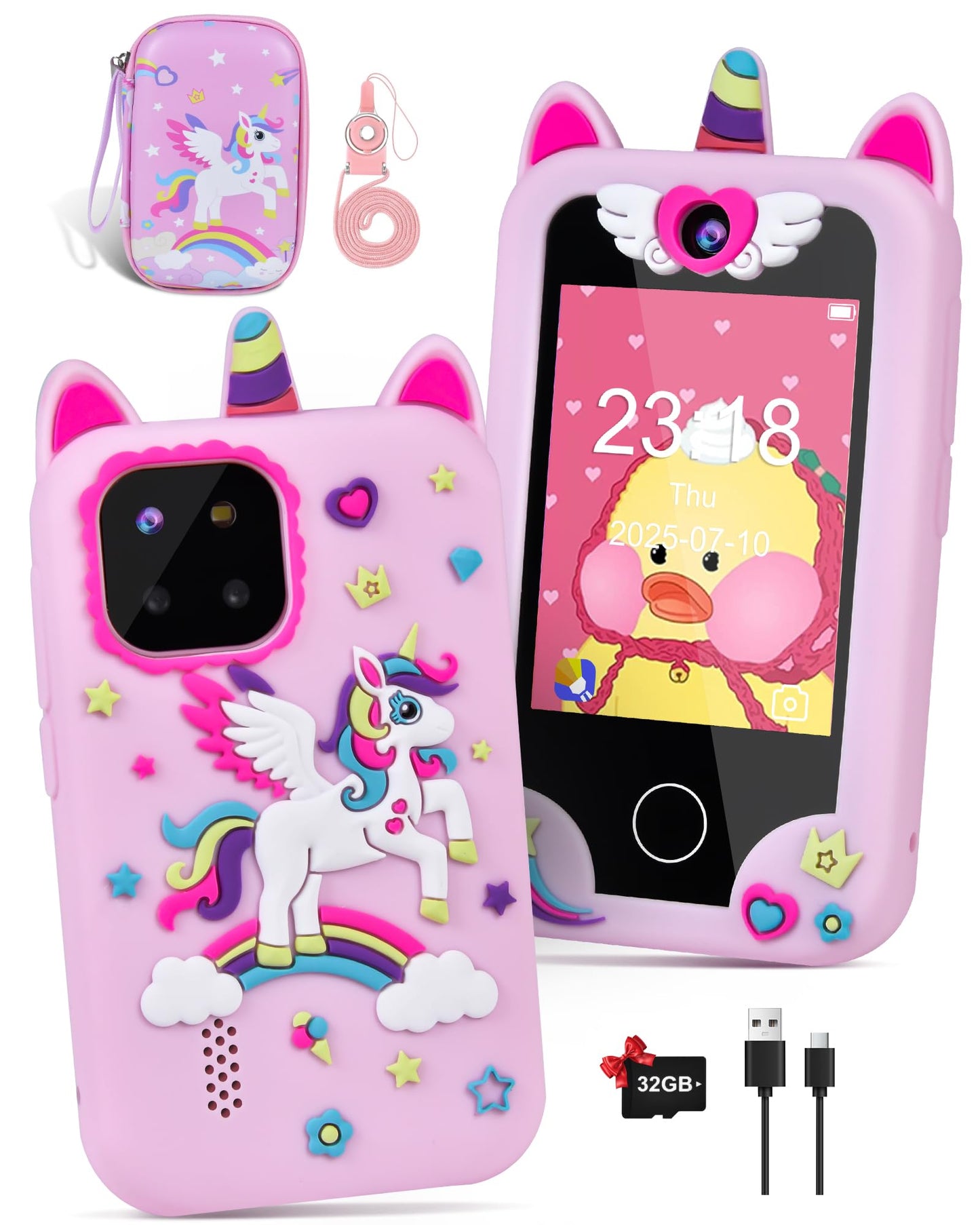 Jusvenmt Kids Phone for Girls | 2.8\" Touchscreen Toy Smartphone, 32GB, Dual Cameras, 44 Games, Unicorn Case