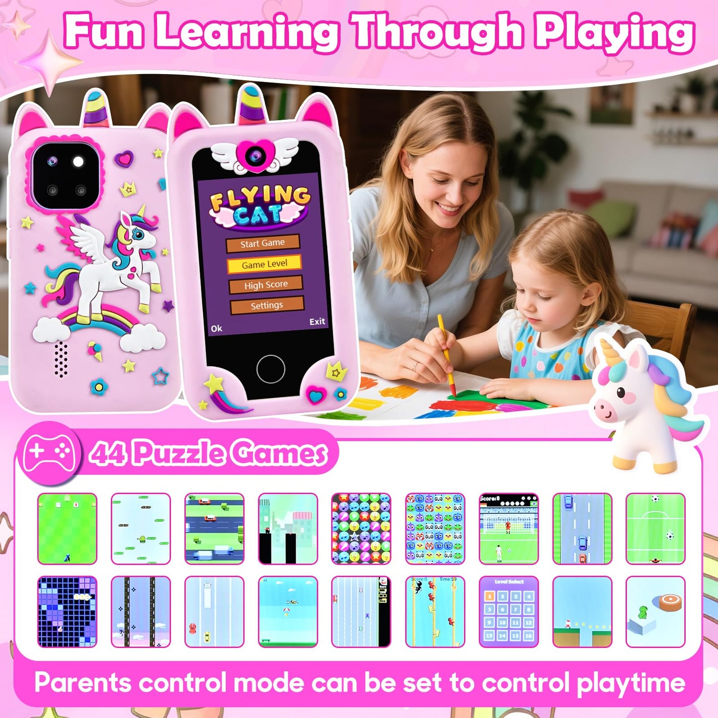 Jusvenmt Kids Phone for Girls | 2.8\" Touchscreen Toy Smartphone, 32GB, Dual Cameras, 44 Games, Unicorn Case