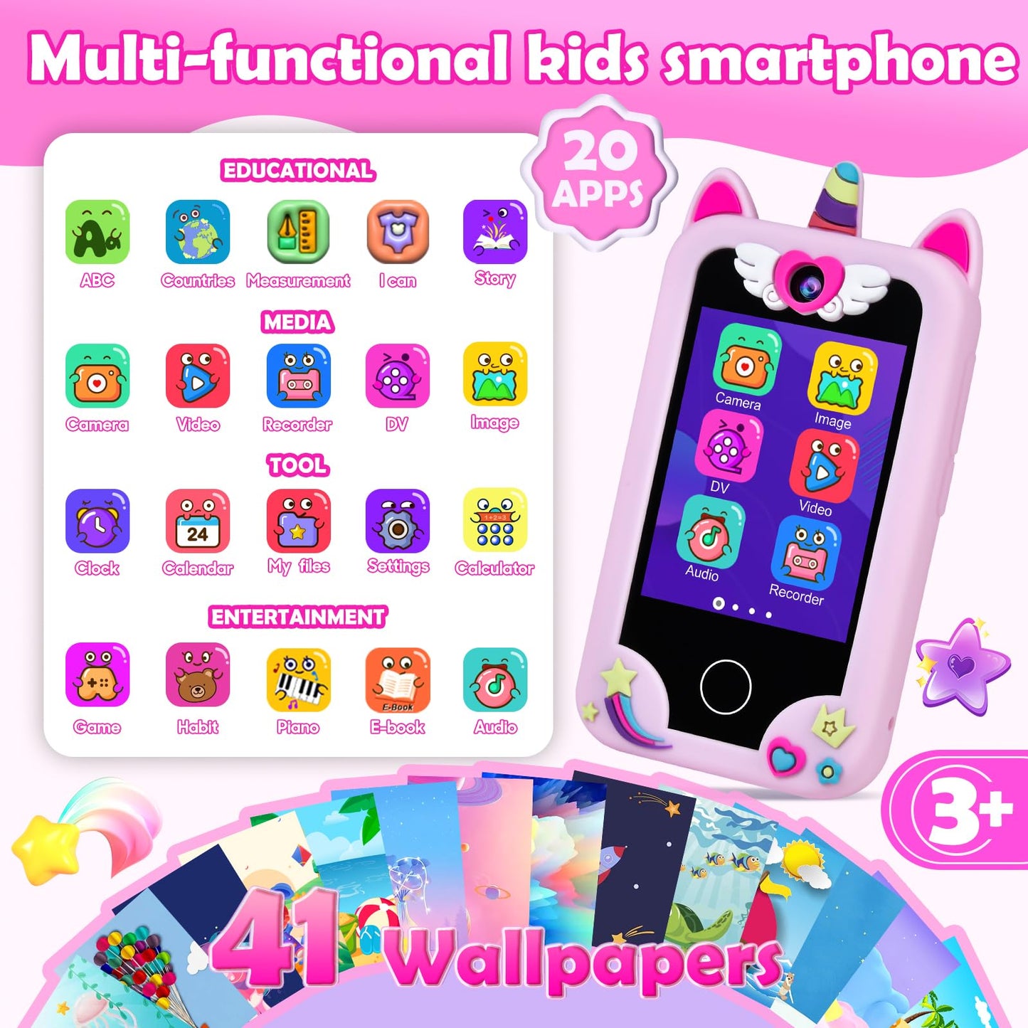 Jusvenmt Kids Phone for Girls | 2.8\" Touchscreen Toy Smartphone, 32GB, Dual Cameras, 44 Games, Unicorn Case
