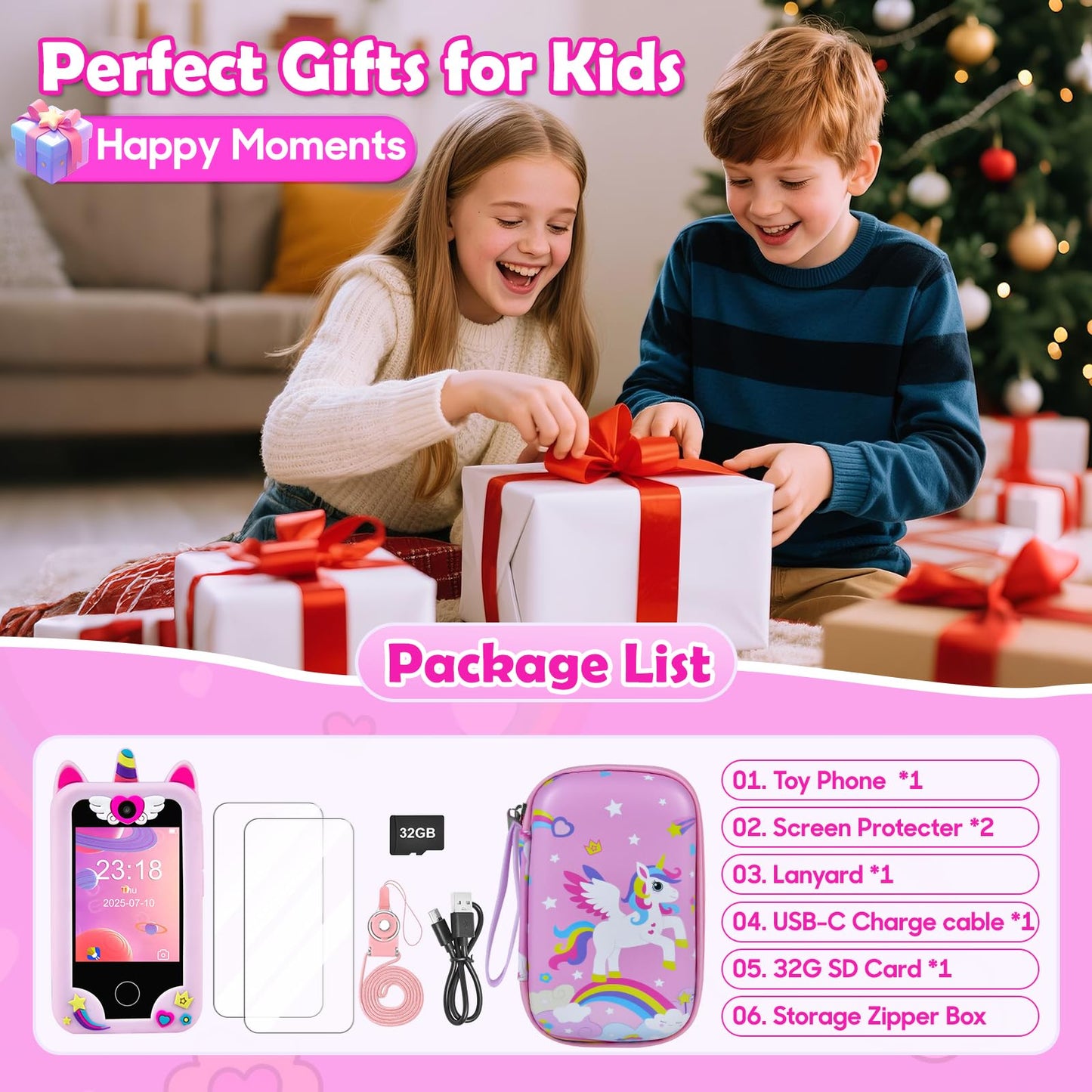 Jusvenmt Kids Phone for Girls | 2.8\" Touchscreen Toy Smartphone, 32GB, Dual Cameras, 44 Games, Unicorn Case