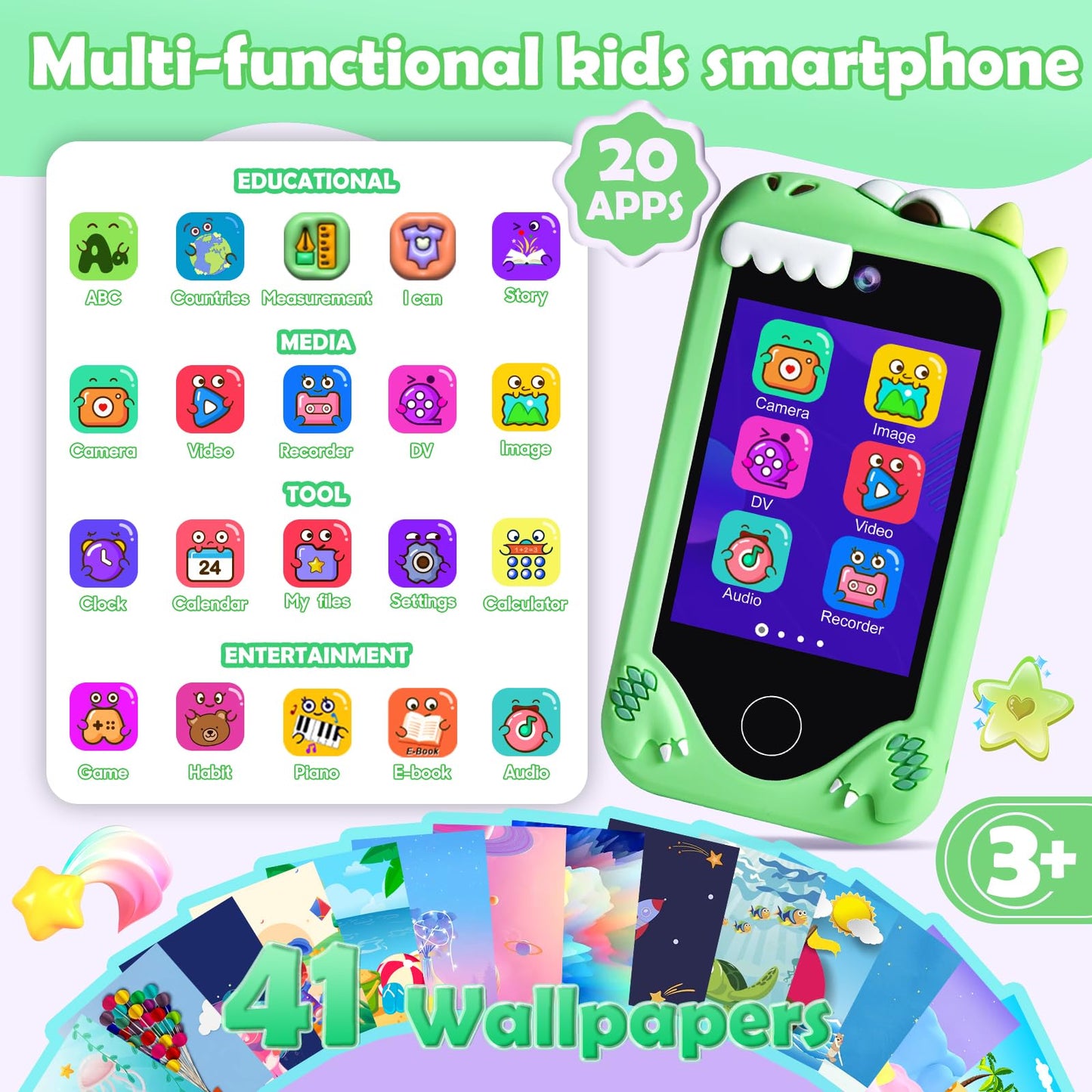 Jusvenmt Kids Smart Phone – Dinosaur 2.8” Touchscreen, 32GB, Dual Camera