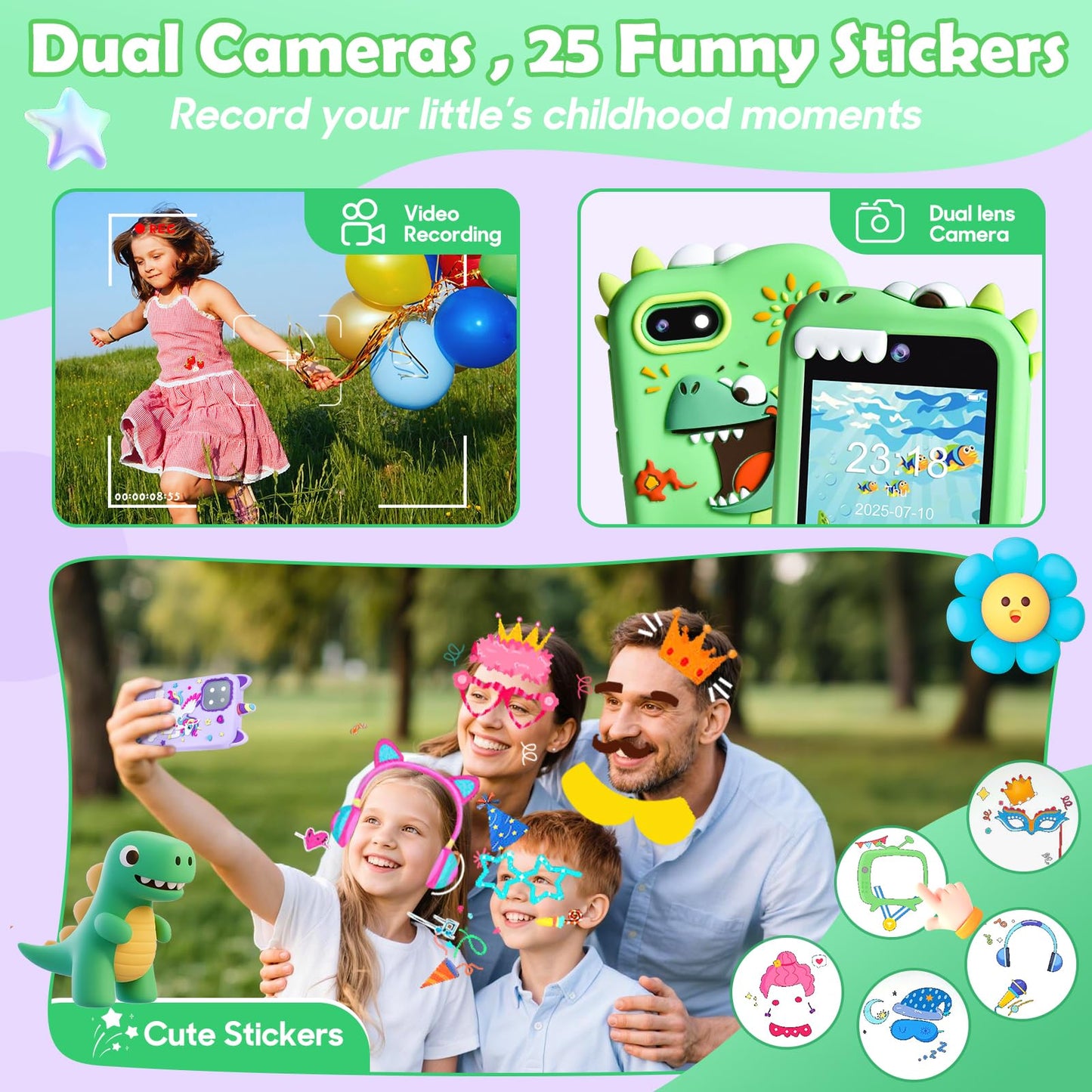 Jusvenmt Kids Smart Phone – Dinosaur 2.8” Touchscreen, 32GB, Dual Camera
