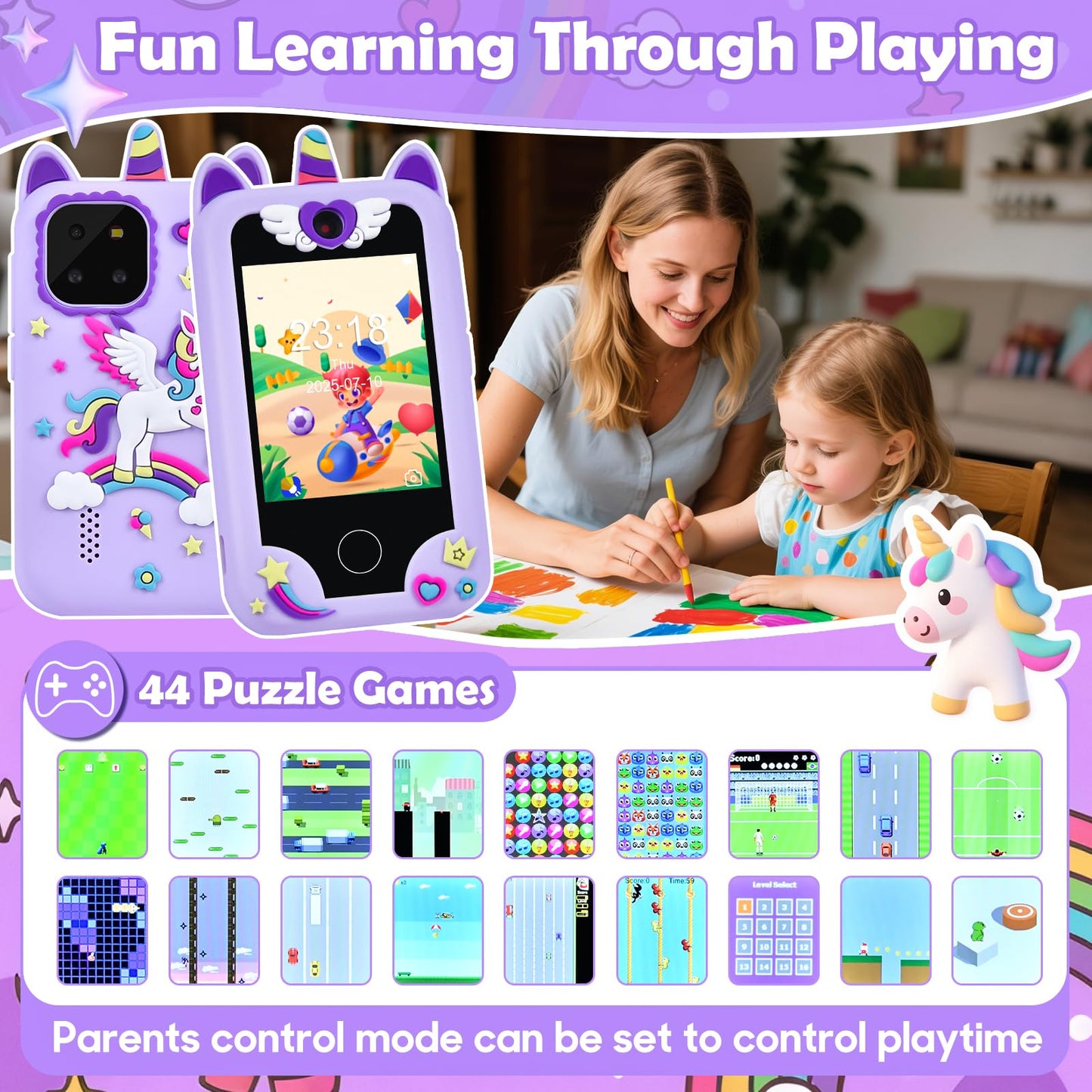 Jusvenmt Kids Smart Phone for Girls – 2.8-Inch Touchscreen Toy with 44 Games, 32GB, Safe & Fun