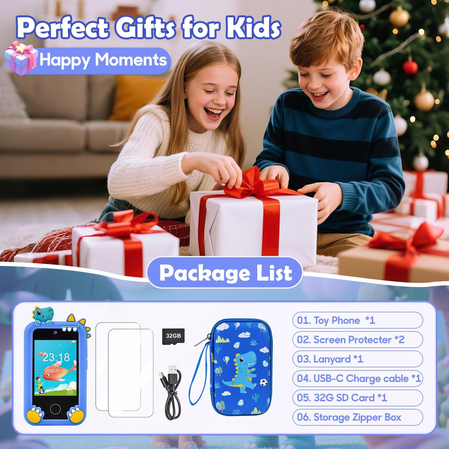 Jusvenmt Kids Dinosaur Phone: 44 Games, Dual Cameras, 32GB – Blue