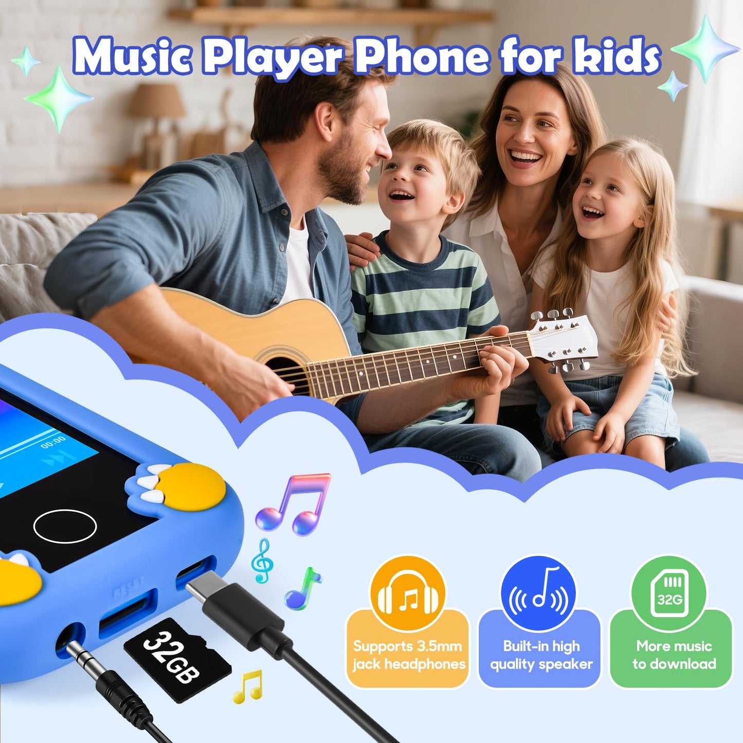 Jusvenmt Kids Dinosaur Phone: 44 Games, Dual Cameras, 32GB – Blue