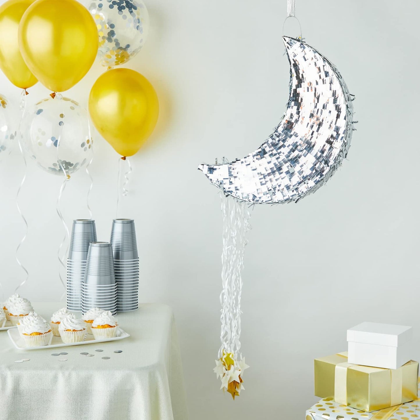 Juvale Pull String Moon Pinata – Silver Foil Crescent 17x11x3 in for Baby Showers & Birthdays