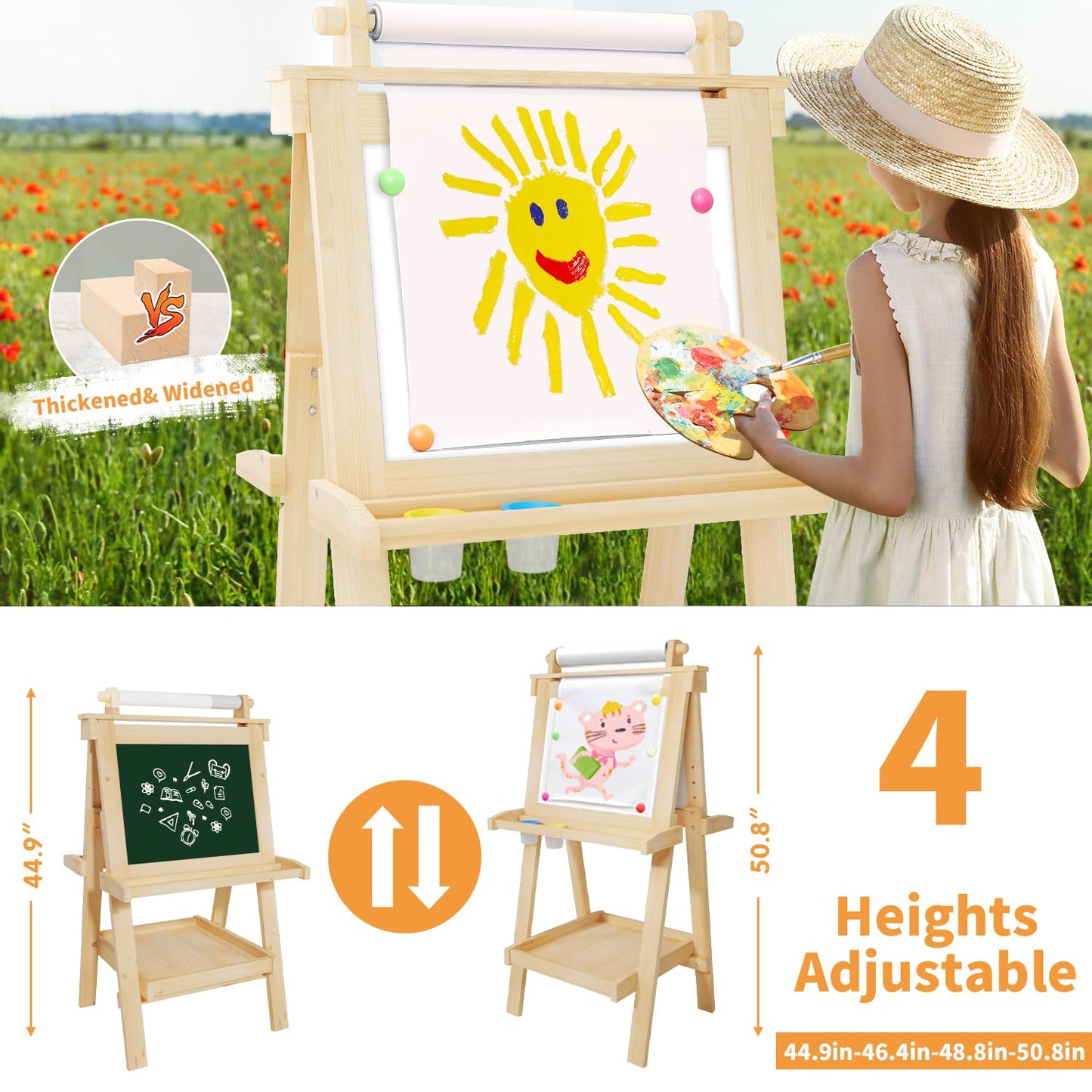 JUZBOT Deluxe Foldable Kids Easel – Magnetic Chalkboard, Whiteboard & Paper Roll, Natural Wood