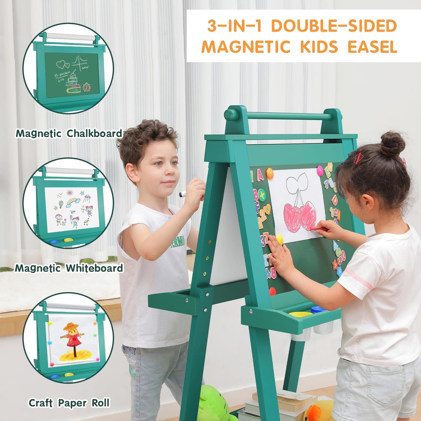 JUZBOT Kids Deluxe Foldable Easel – All-in-1 Magnetic Chalkboard, Whiteboard & Paper Roll (Ages 3-8)