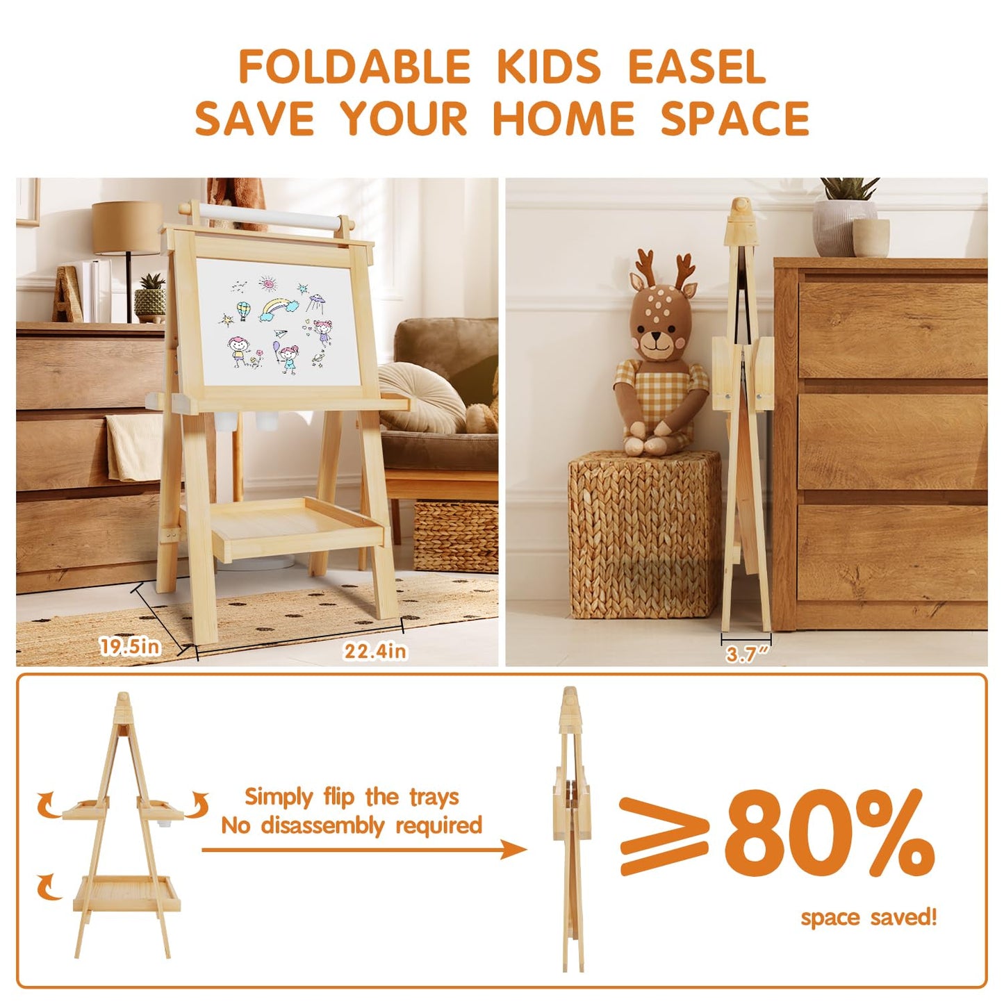JUZBOT Deluxe Foldable Kids Easel – Magnetic Chalkboard, Whiteboard & Paper Roll, Natural Wood