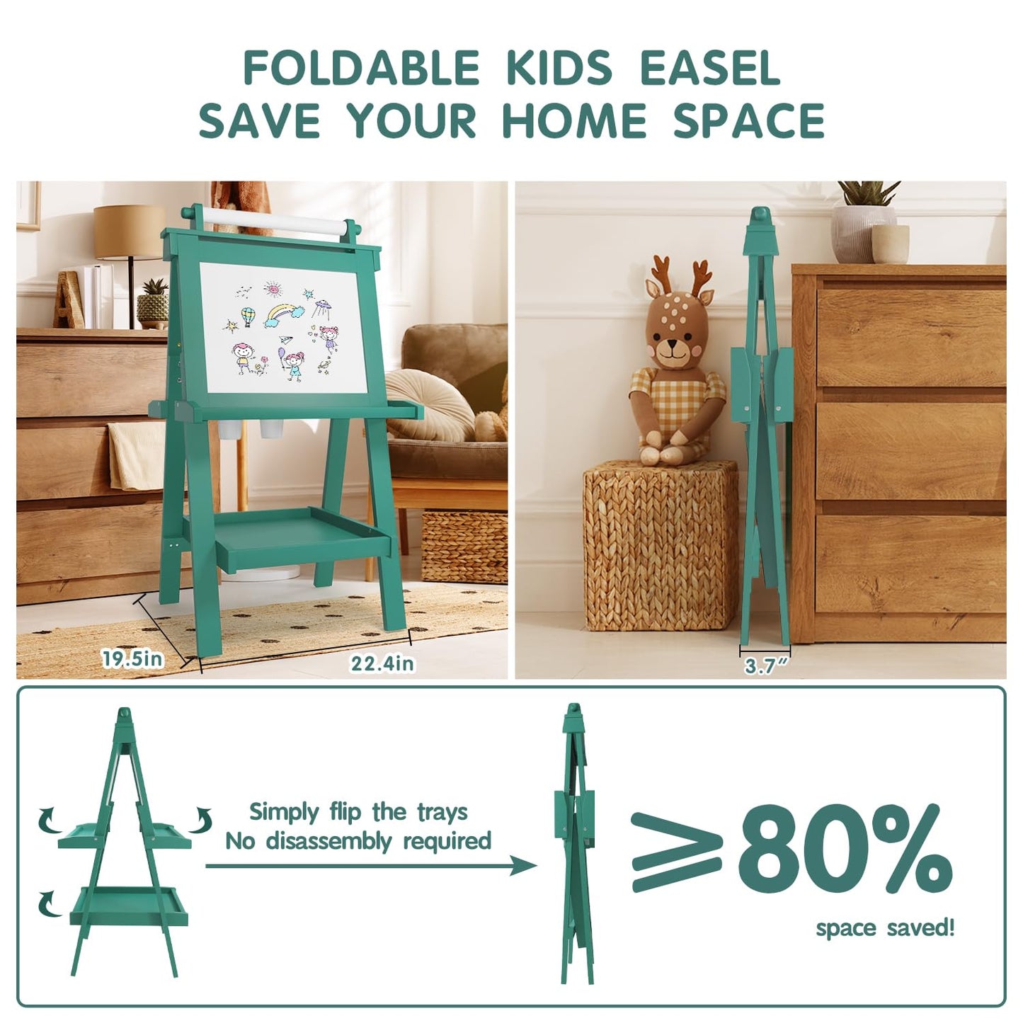JUZBOT Kids Deluxe Foldable Easel – All-in-1 Magnetic Chalkboard, Whiteboard & Paper Roll (Ages 3-8)