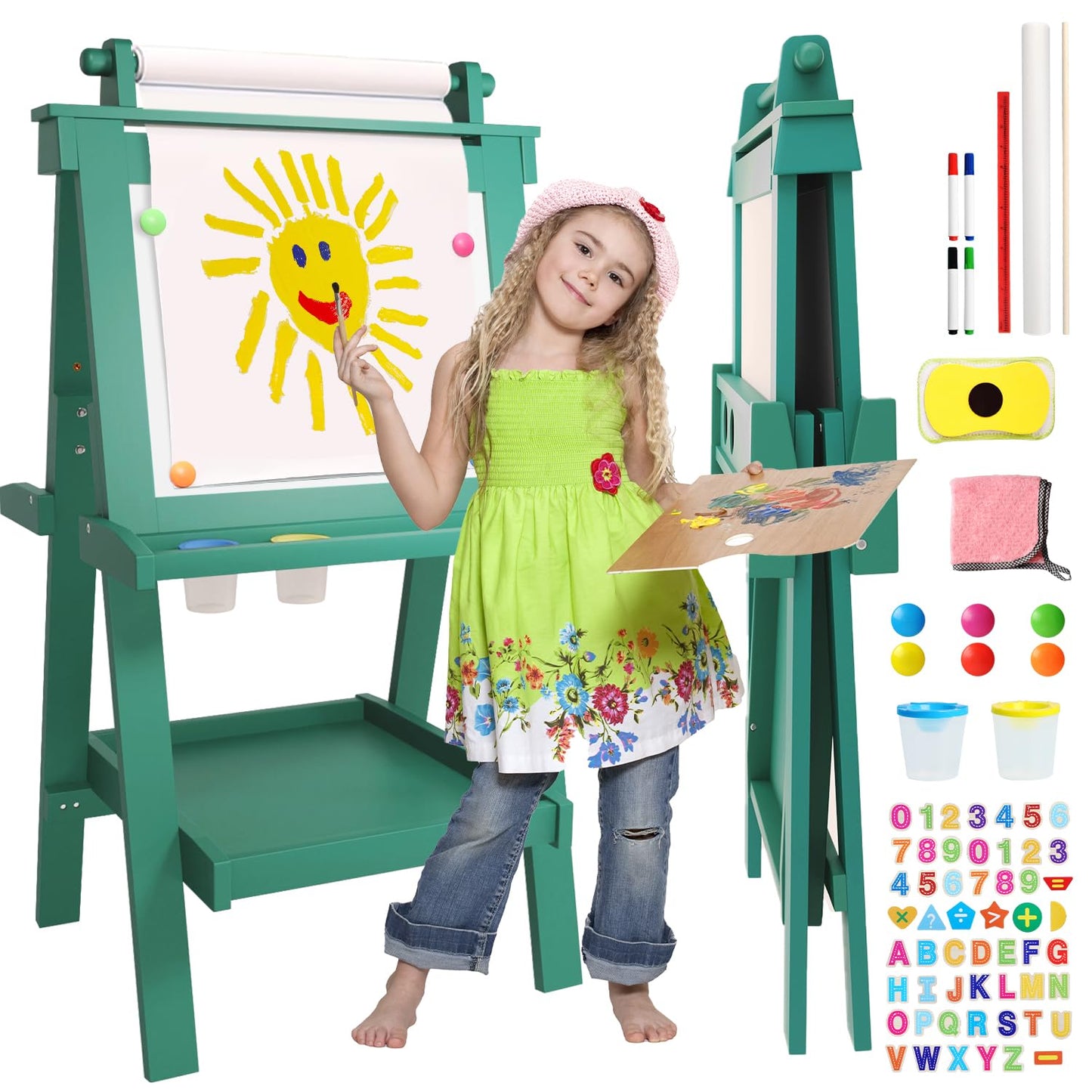 JUZBOT Kids Deluxe Foldable Easel – All-in-1 Magnetic Chalkboard, Whiteboard & Paper Roll (Ages 3-8)