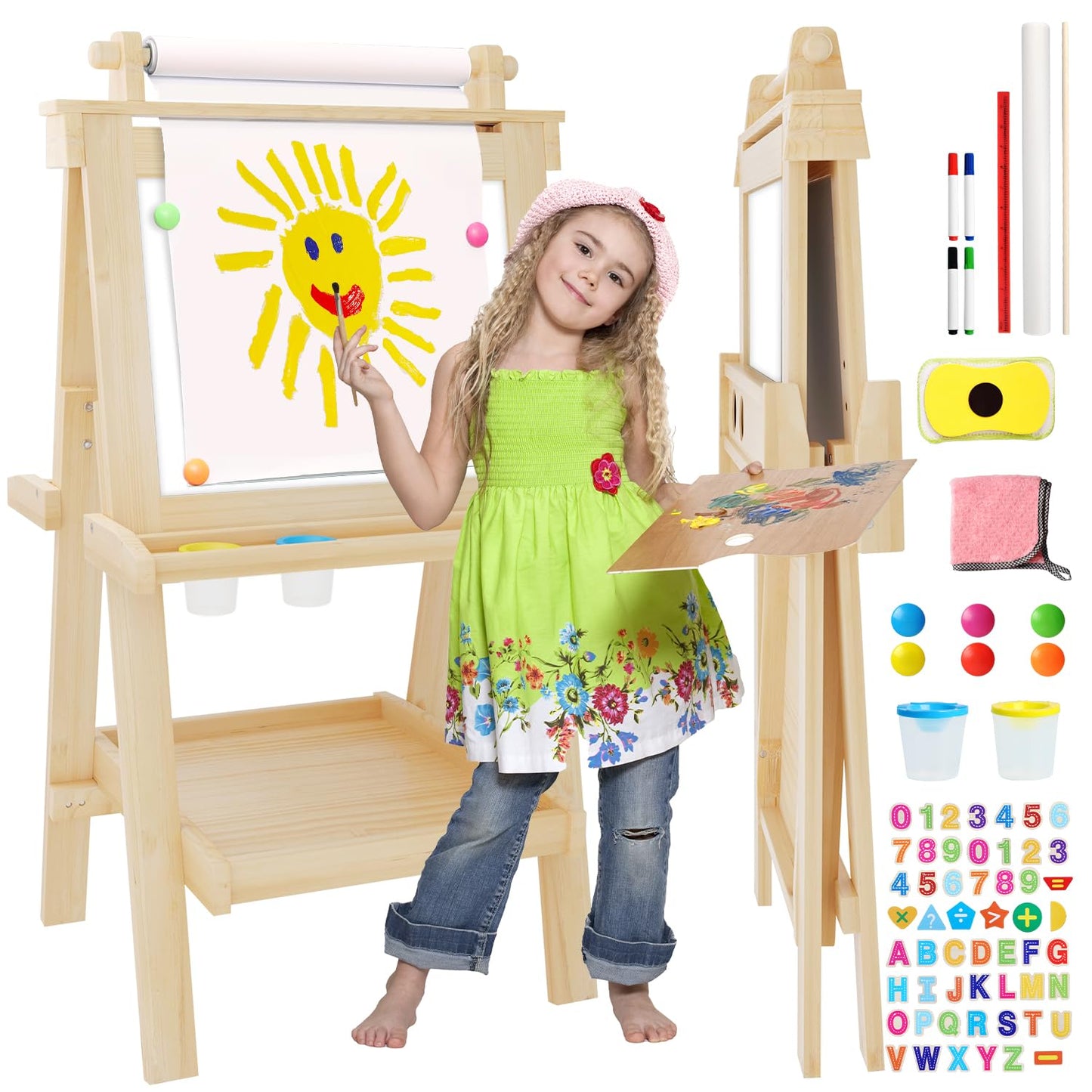 JUZBOT Deluxe Foldable Kids Easel – Magnetic Chalkboard, Whiteboard & Paper Roll, Natural Wood