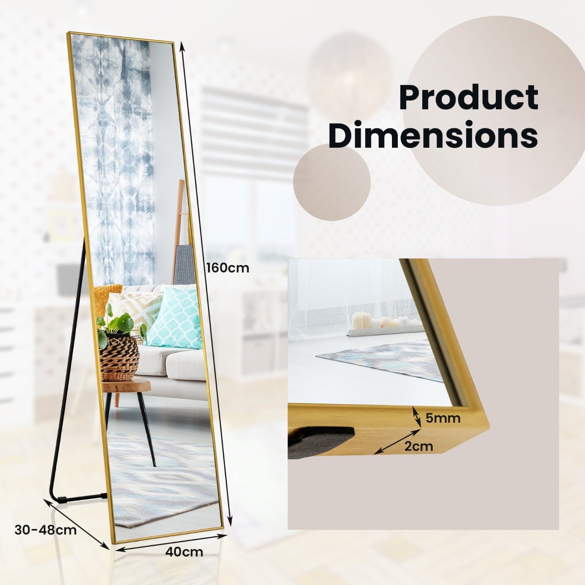 160 x 40cm Full Length Mirror with Shatter-proof Glass-Black