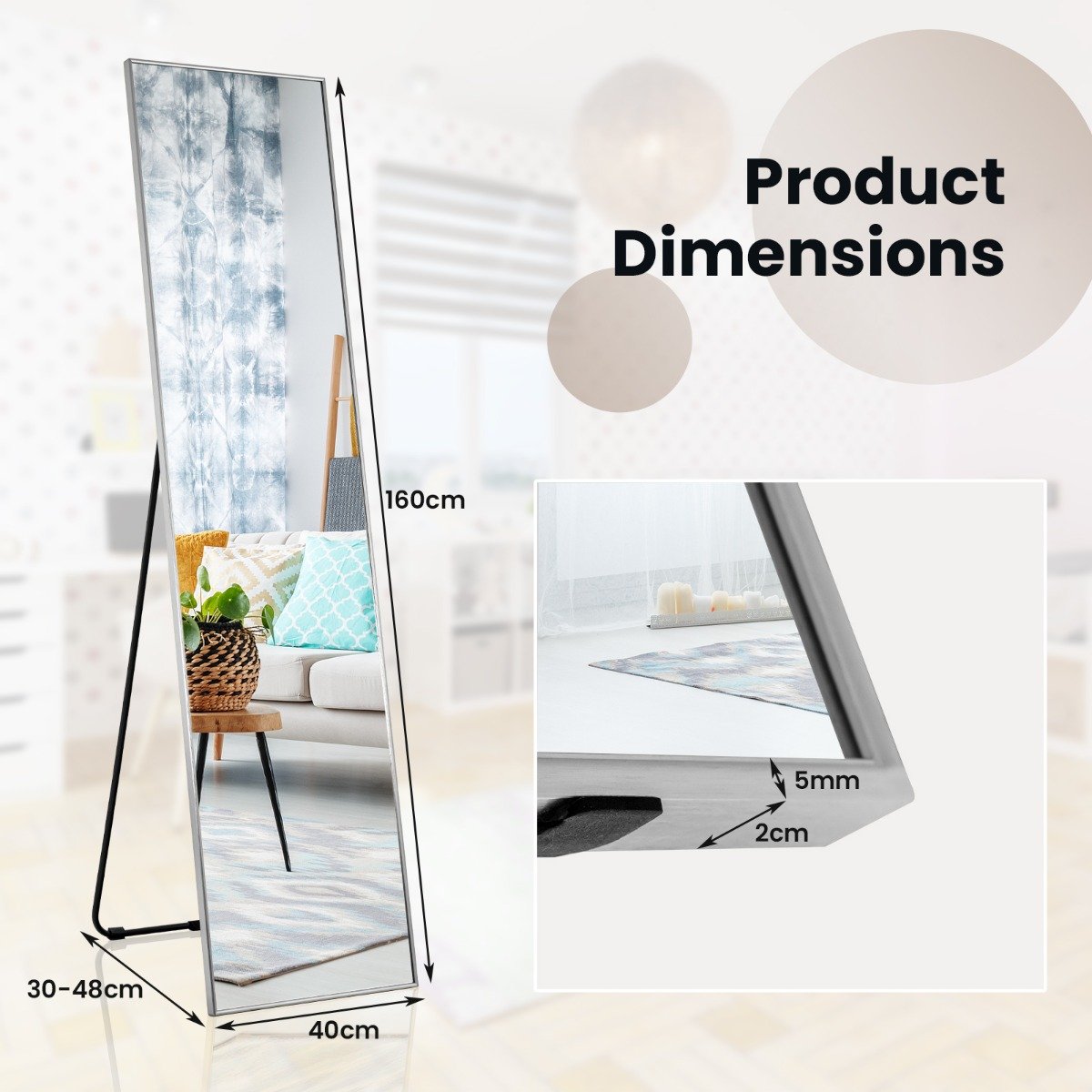 160 x 40cm Full Length Mirror with Shatter-proof Glass-Black