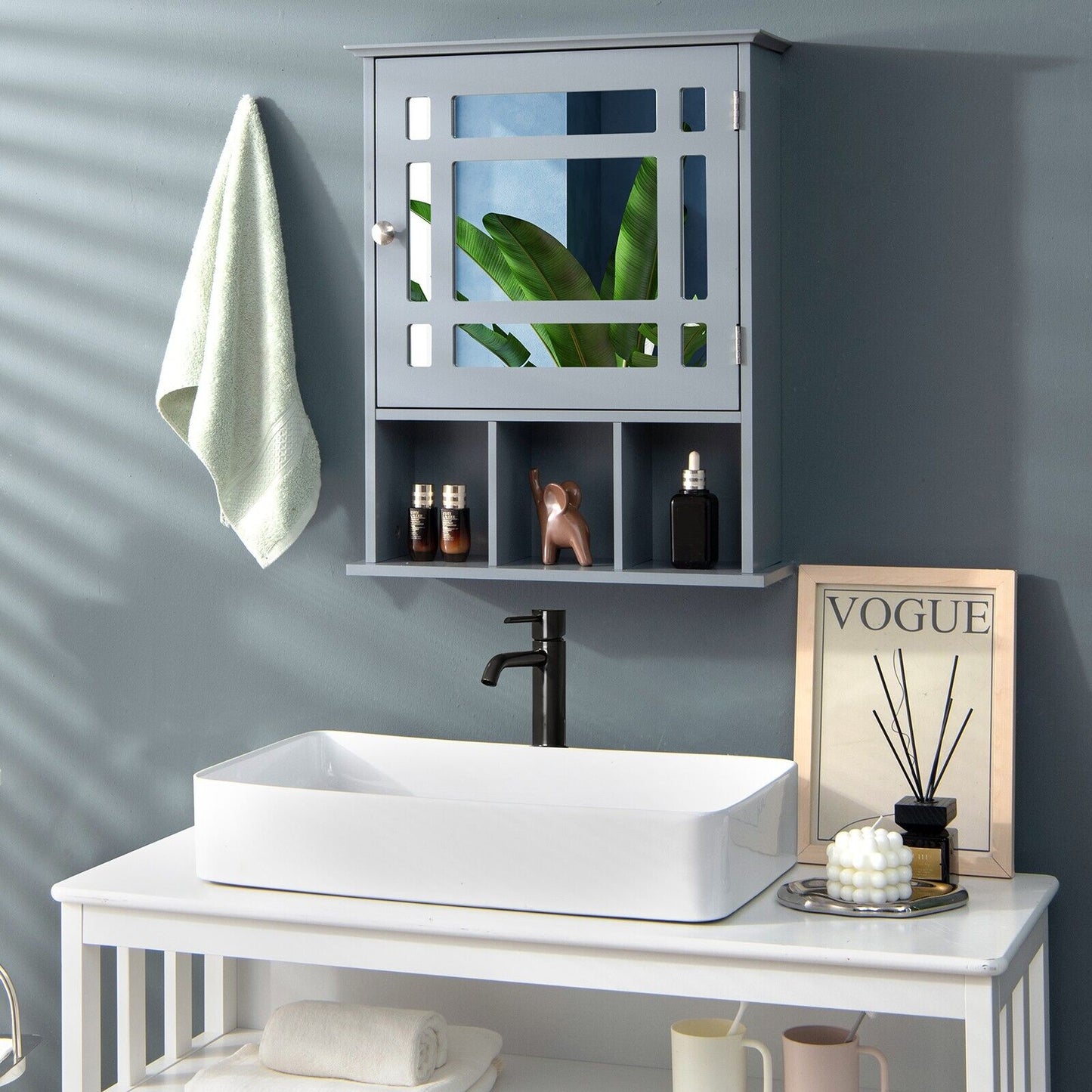 Mirror Door Cabinet with Adjustable Shelf and 3 Compartments-Black
