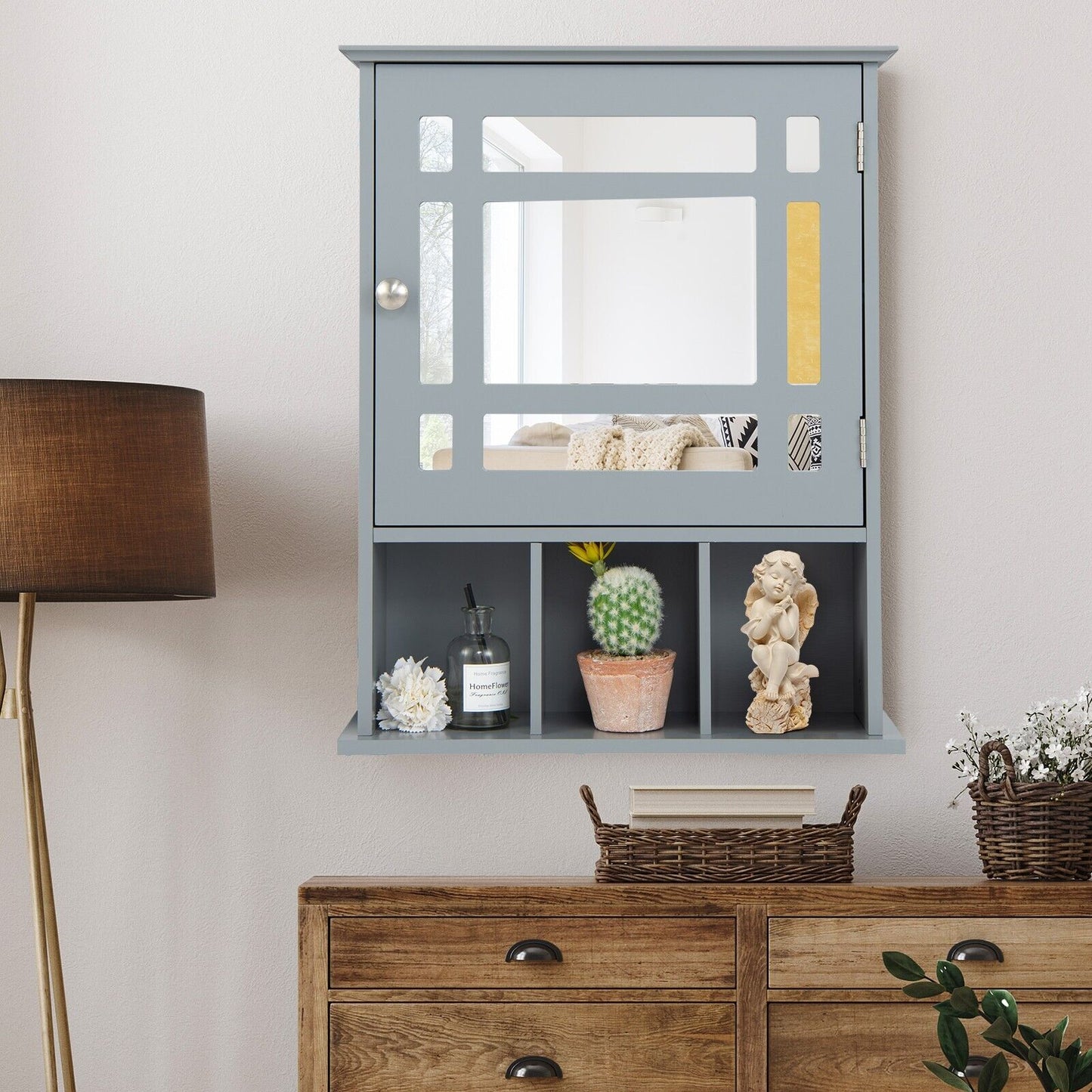 Mirror Door Cabinet with Adjustable Shelf and 3 Compartments-Black