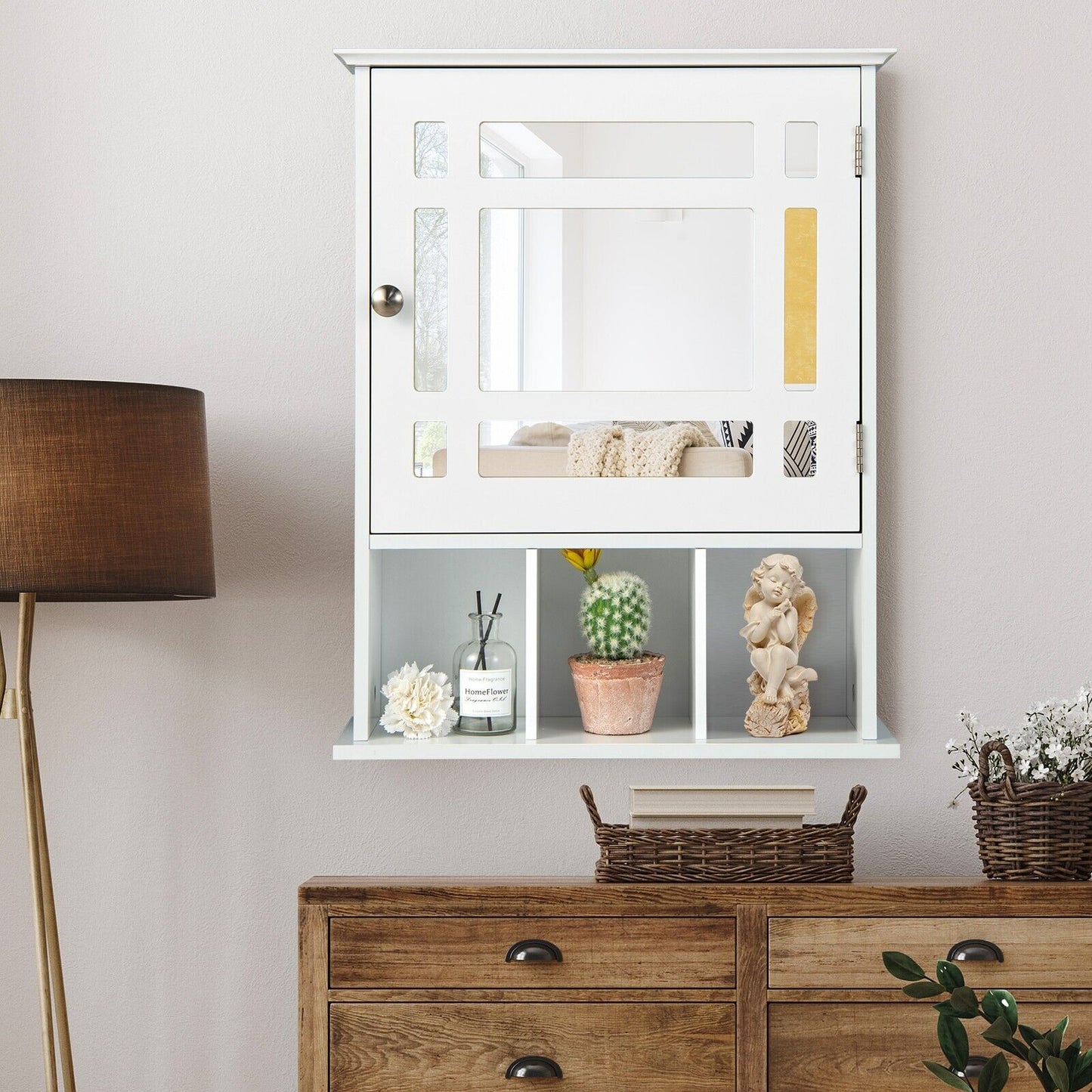 Mirror Door Cabinet with Adjustable Shelf and 3 Compartments-Black