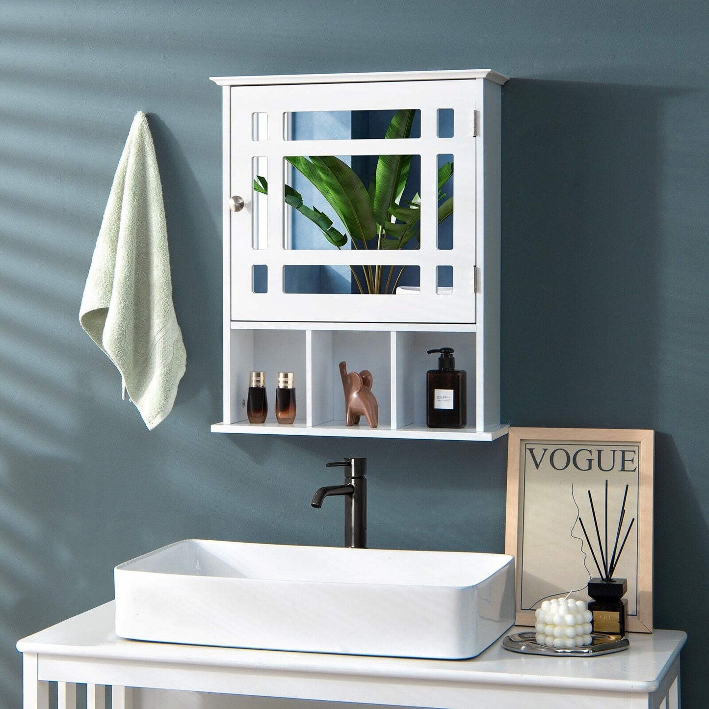 Mirror Door Cabinet with Adjustable Shelf and 3 Compartments-Black