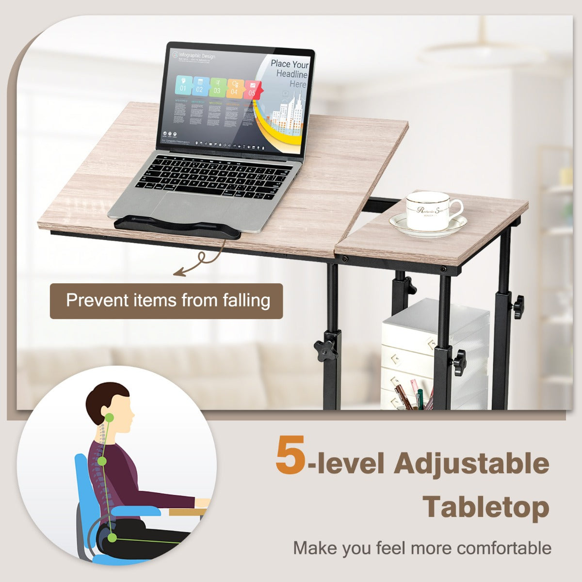 C-Shaped Mobile Couch Side Table with Height Adjustable Storage-Coffee