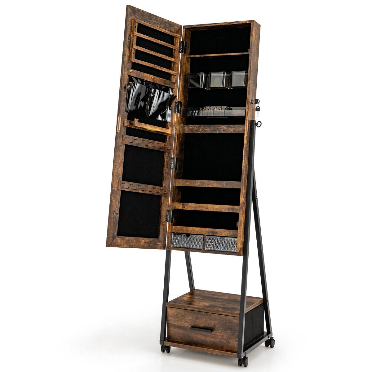 Mobile Standing Lockable Jewelry Cabinet with Full Length Mirror-Black