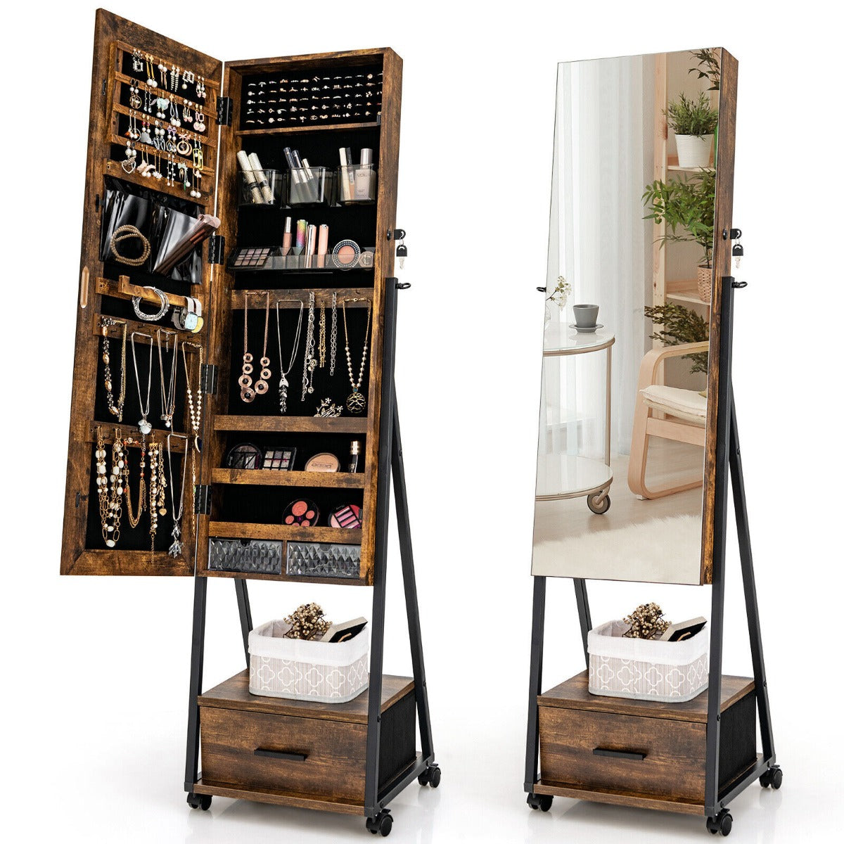 Mobile Standing Lockable Jewelry Cabinet with Full Length Mirror-Black