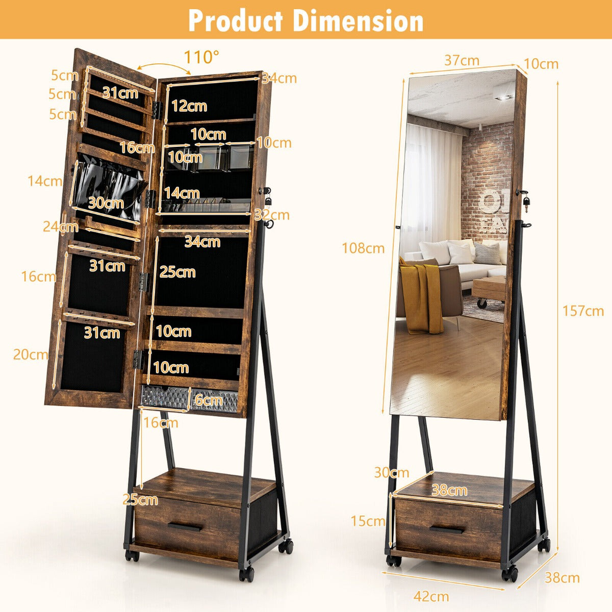 Mobile Standing Lockable Jewelry Cabinet with Full Length Mirror-Black