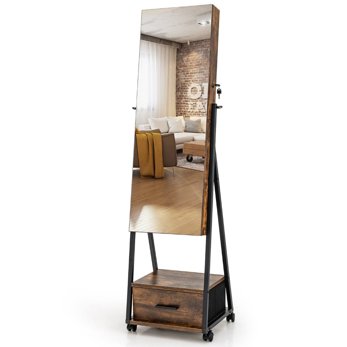 Mobile Standing Lockable Jewelry Cabinet with Full Length Mirror-Black