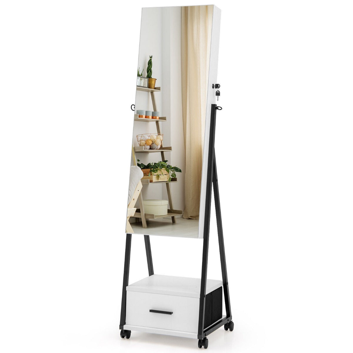 Mobile Standing Lockable Jewelry Cabinet with Full Length Mirror-Black