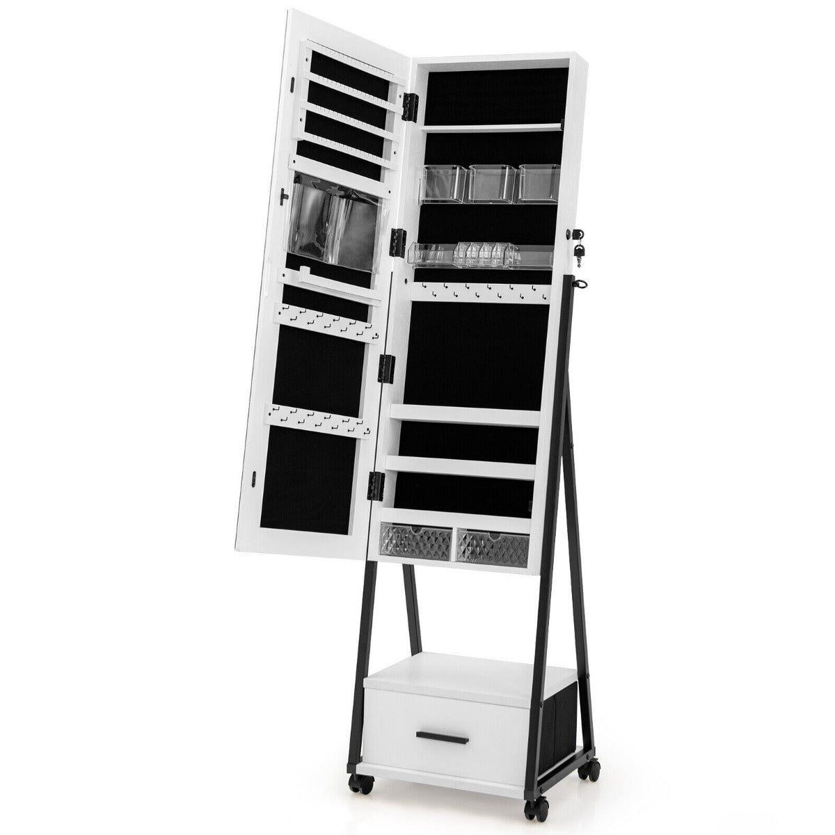 Mobile Standing Lockable Jewelry Cabinet with Full Length Mirror-Black