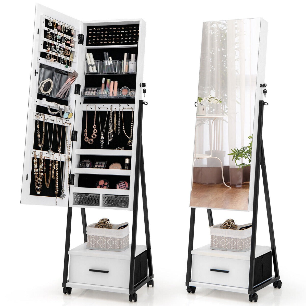 Mobile Standing Lockable Jewelry Cabinet with Full Length Mirror-Black