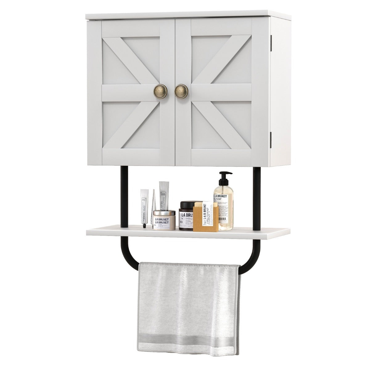 Bathroom Wall Cabinet with Double Door and Open Shelf and Towel Rack-Black