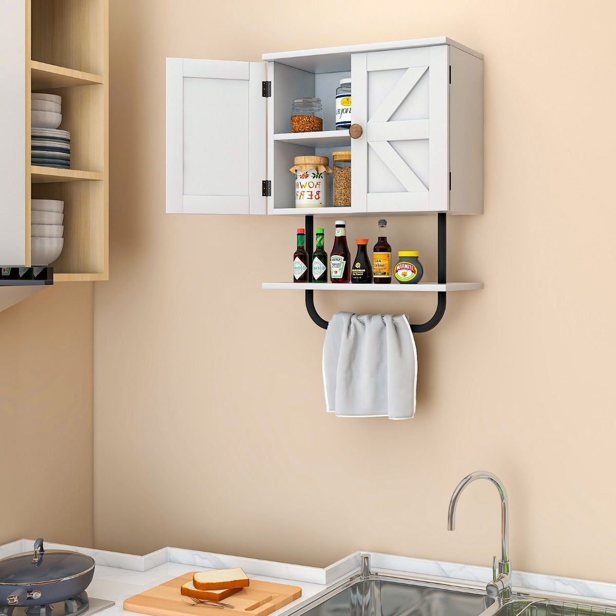 Bathroom Wall Cabinet with Double Door and Open Shelf and Towel Rack-Black
