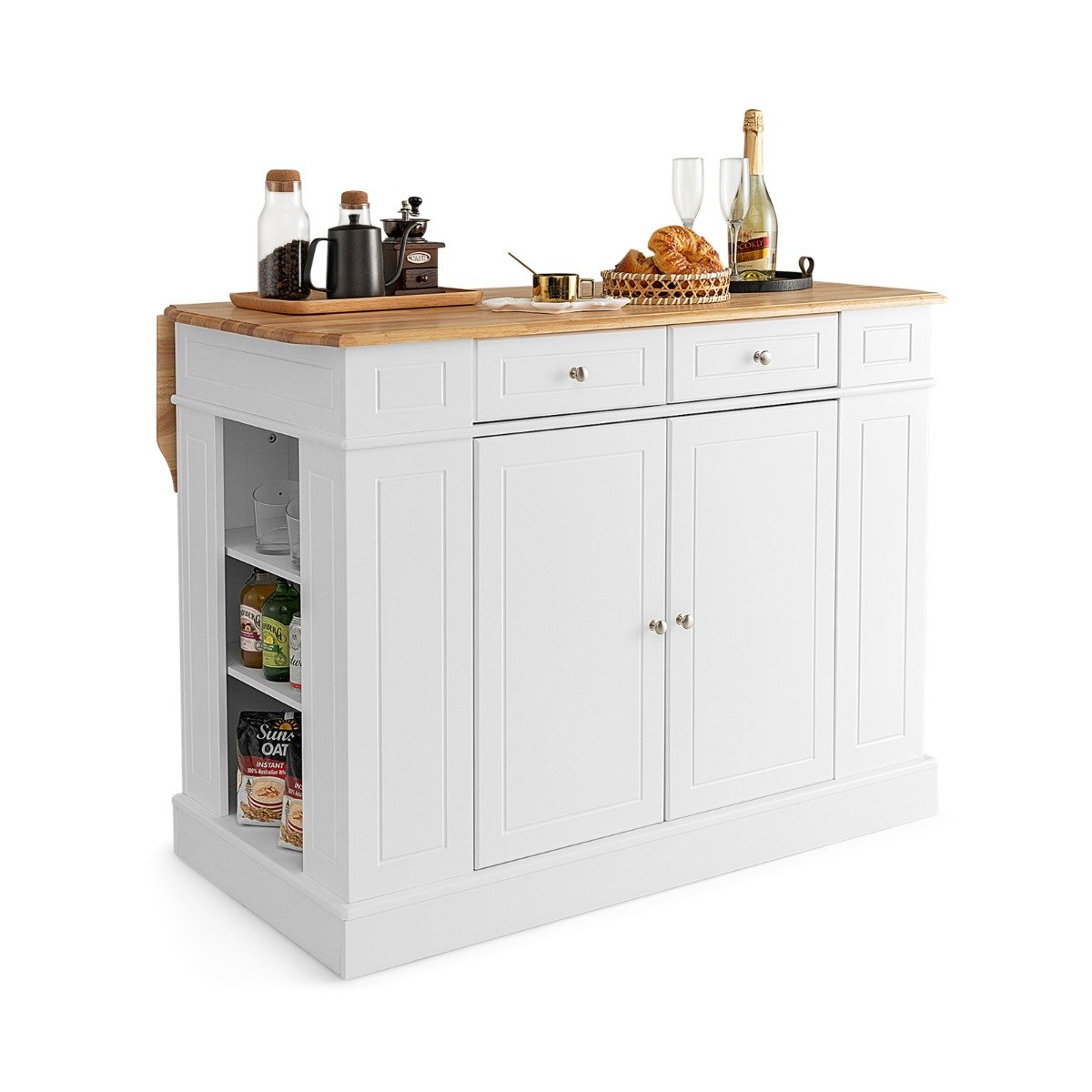 Drop-Leaf Kitchen Island with Extendable Worktop and Adjustable Shelves-Black