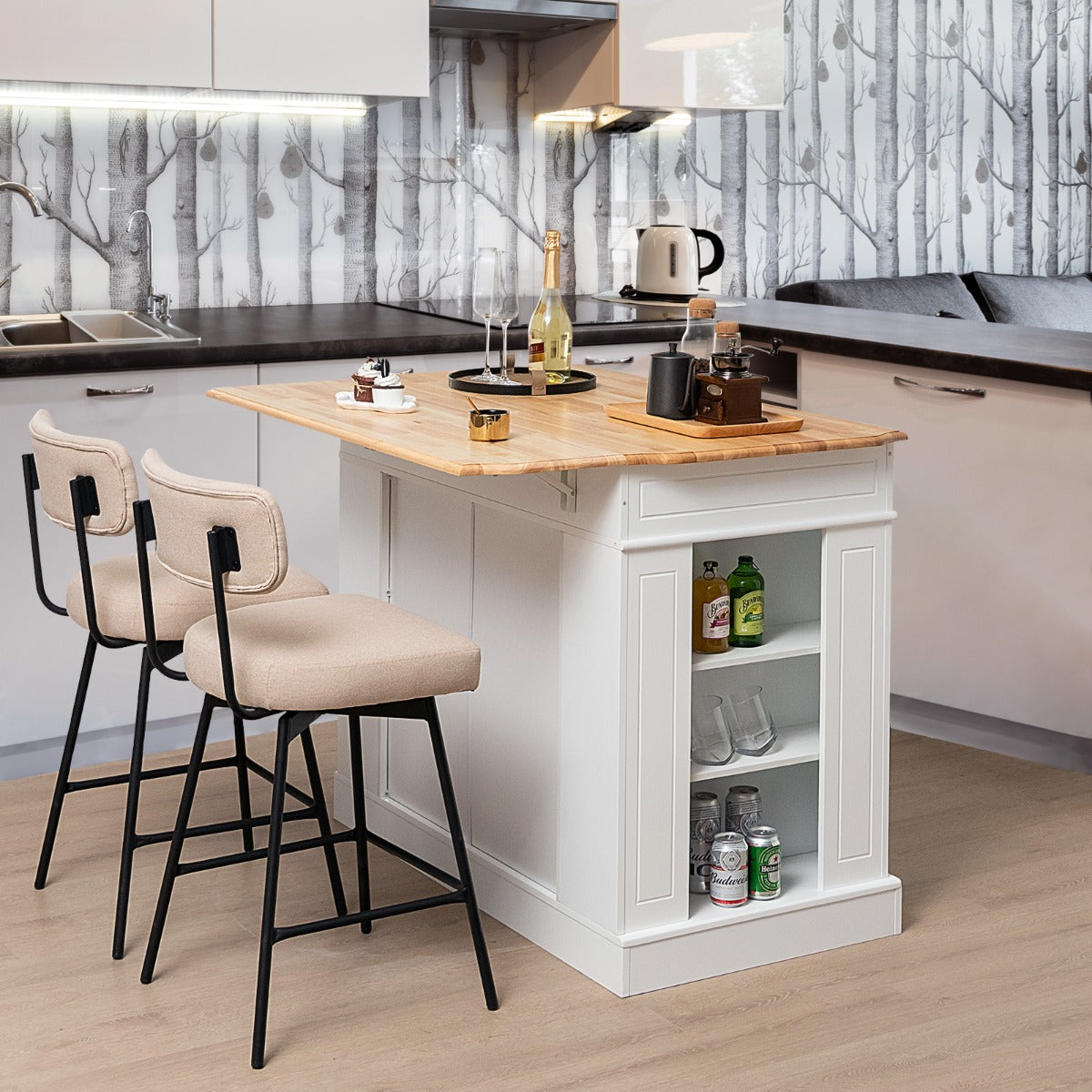 Drop-Leaf Kitchen Island with Extendable Worktop and Adjustable Shelves-Black