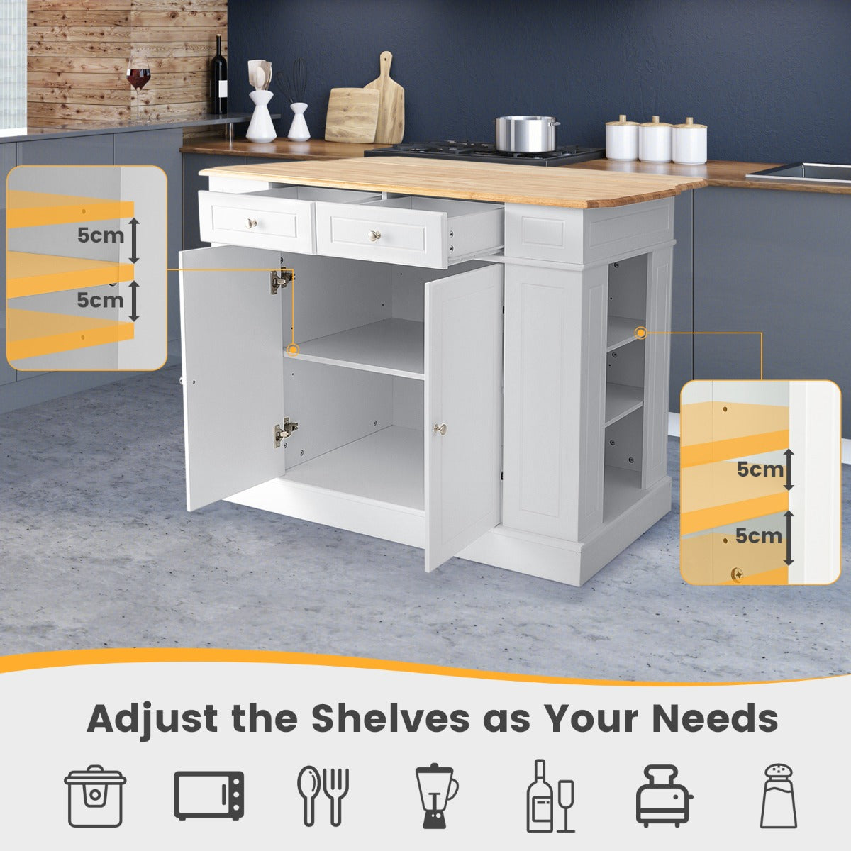 Drop-Leaf Kitchen Island with Extendable Worktop and Adjustable Shelves-Black