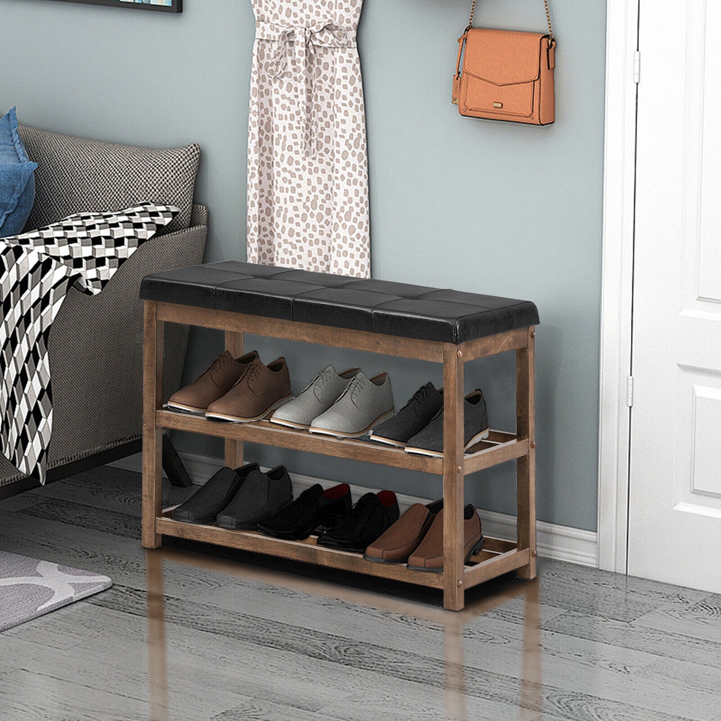 3 Tiers Shoe Storage Bench with Cushioned Seat-White