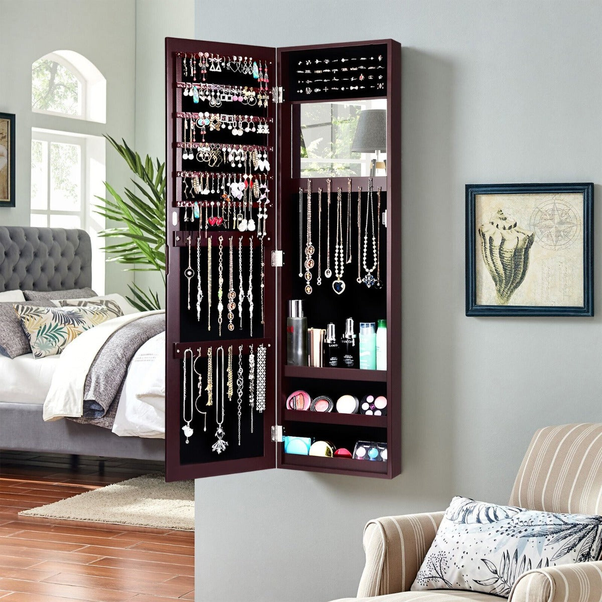 Wall Mounted Jewelry Armoire with Built-in Mirror and 3 Shelves -Black