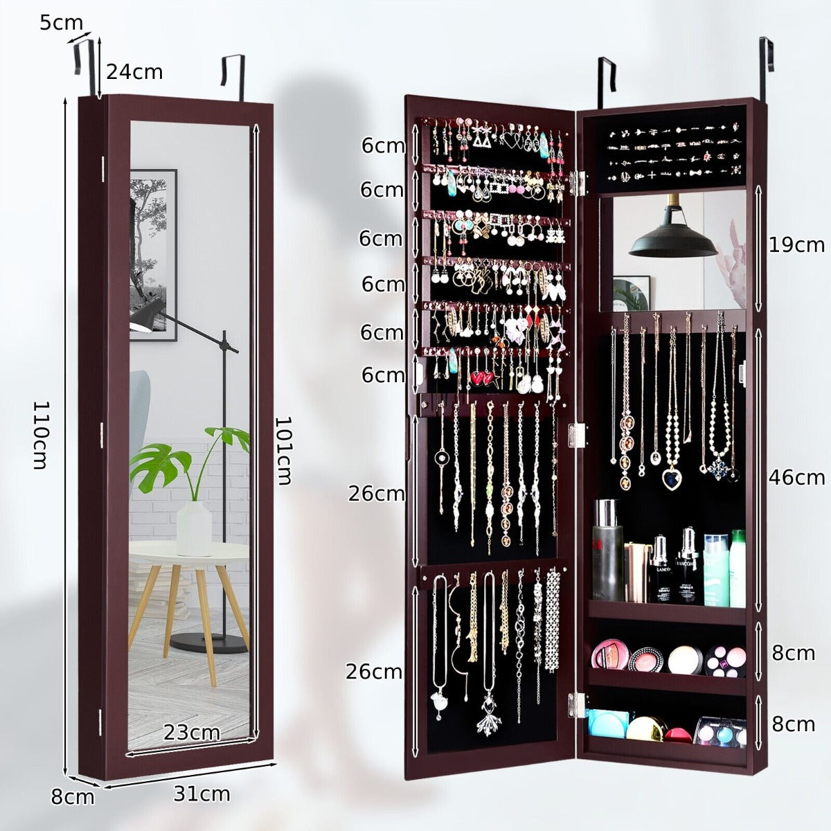 Wall Mounted Jewelry Armoire with Built-in Mirror and 3 Shelves -Black