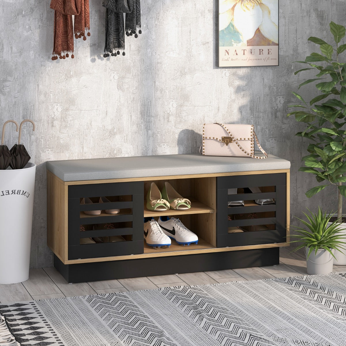 Shoe Bench with 6 Storage Compartments and 3 Adjustable Shelves and Cushion-Dark Grey