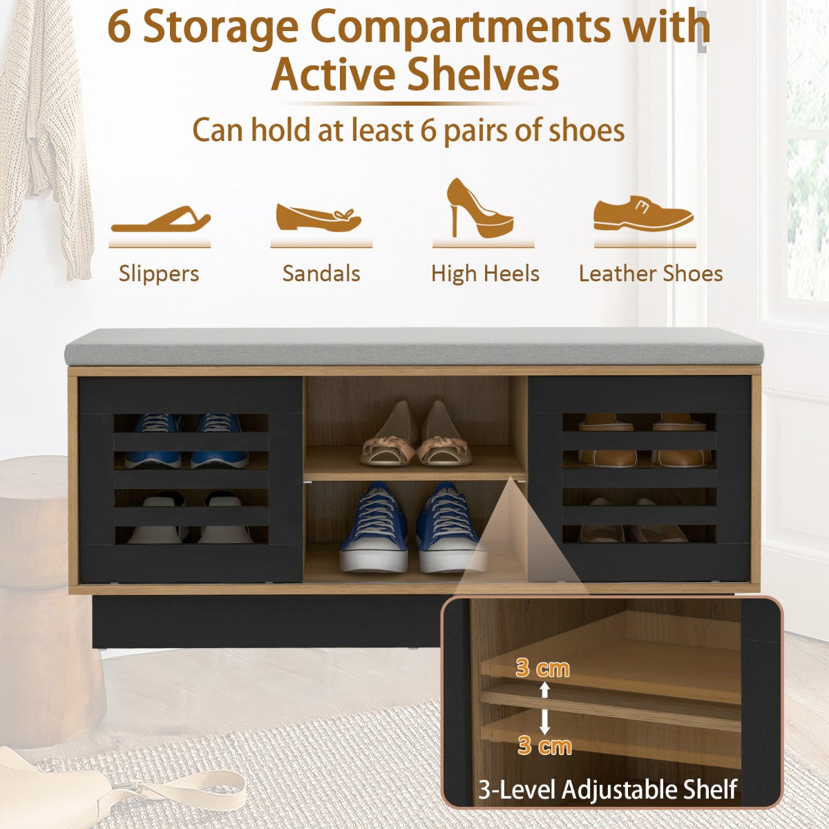 Shoe Bench with 6 Storage Compartments and 3 Adjustable Shelves and Cushion-Dark Grey