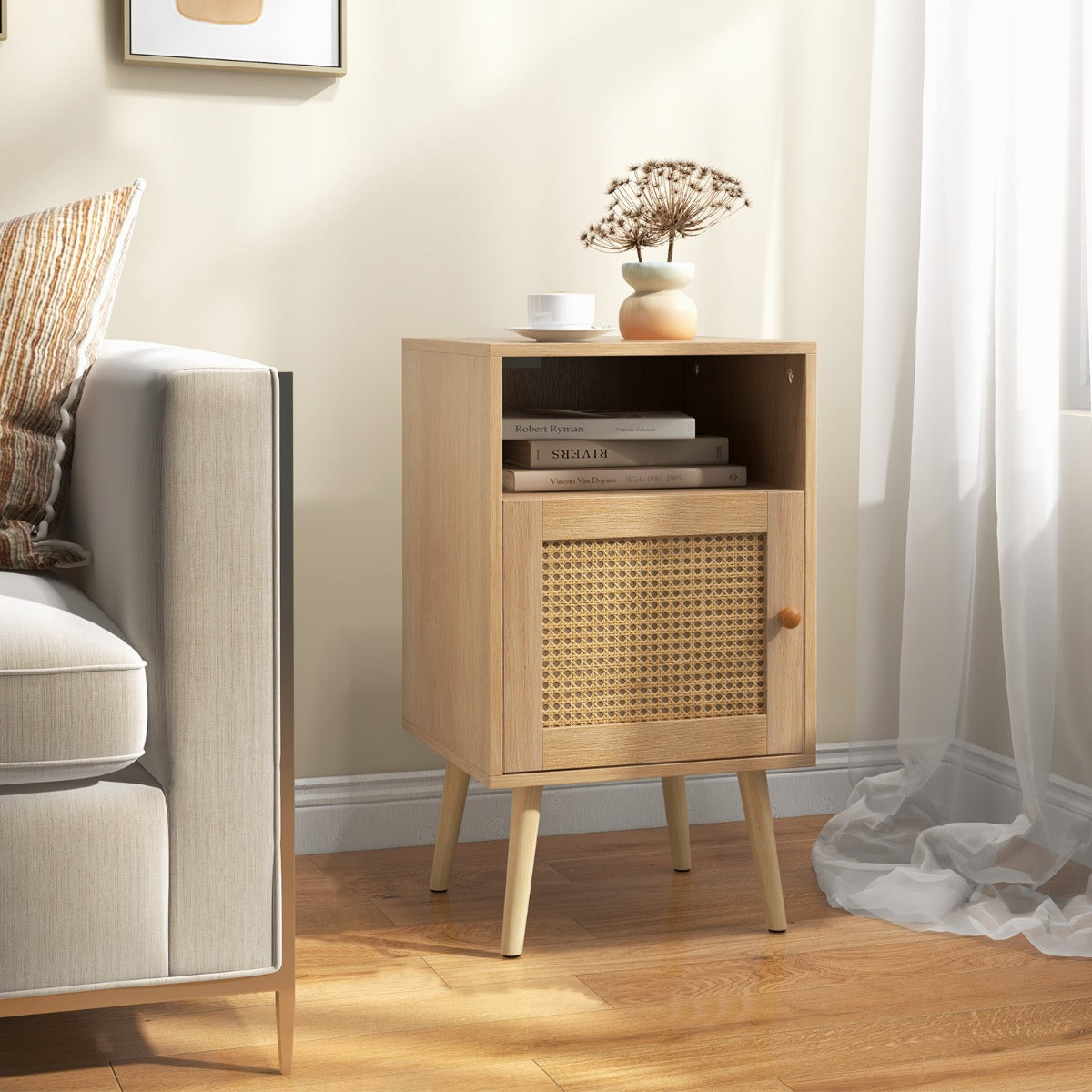 Rattan Nightstand with Storage and PE Rattan Decorated Door-White-1 Pack