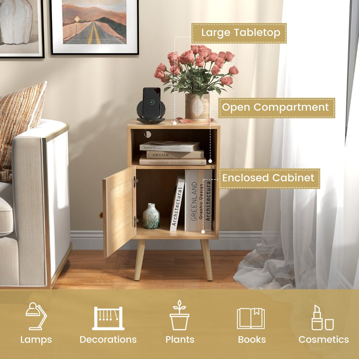 Rattan Nightstand with Storage and PE Rattan Decorated Door-White-1 Pack