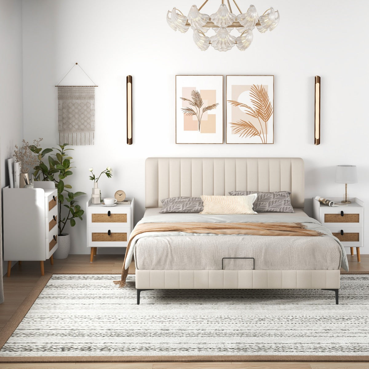 Modern End Table Bedside Table with 2 Rattan Decorated Drawers for Living Room-Natural